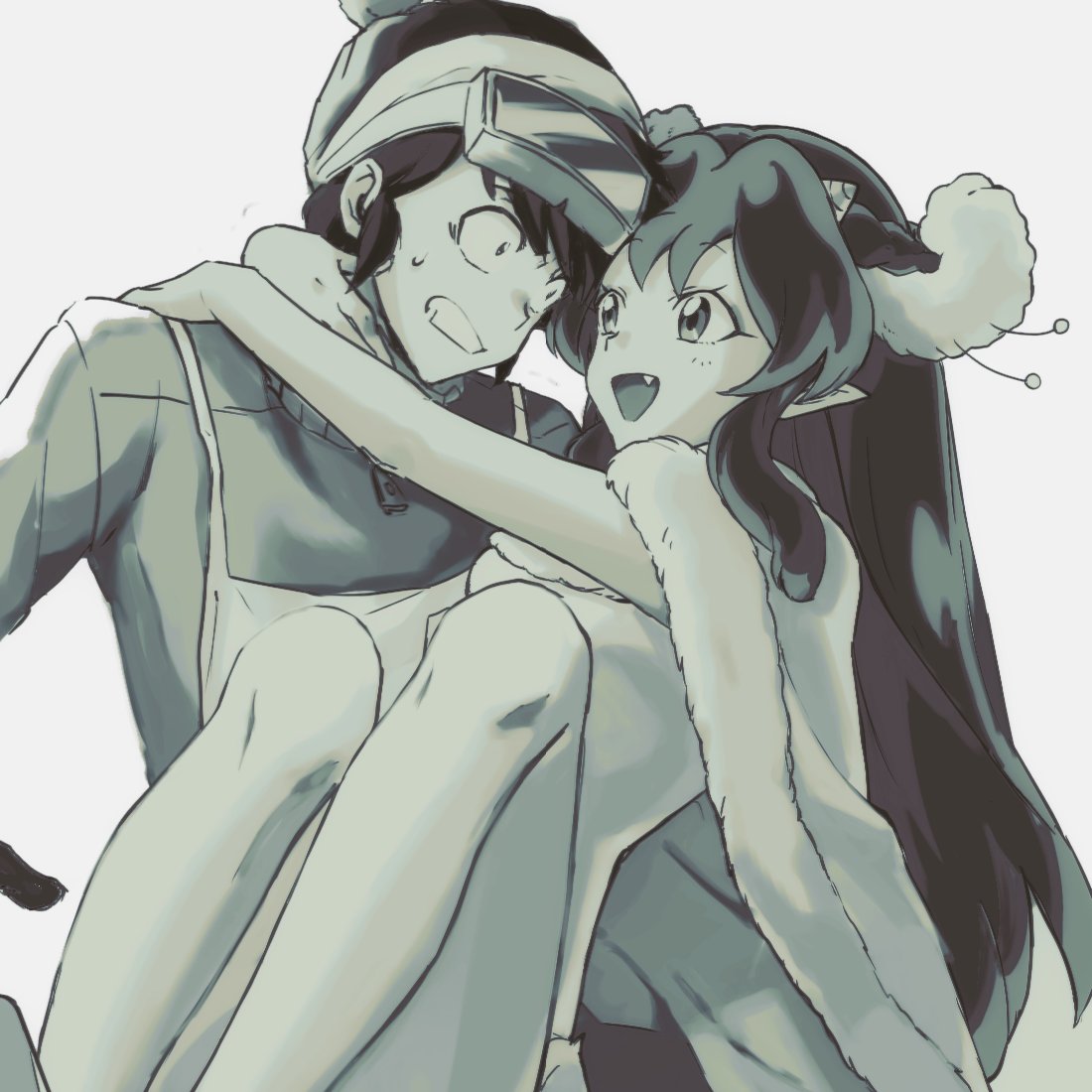 ma, qrhara555, lum, moroboshi ataru, urusei yatsura, 1boy, 1girl, apron, arms around neck, breasts, clenched teeth, cloak, fang, fur-trimmed cloak, fur trim, goggles, goggles on head, hetero, horns, light blush, long hair, looking at another, male focus, medium breasts, open mouth, pointy ears, short hair, sidelocks, smile, sweatdrop, sweater, teeth, turtleneck, turtleneck sweater, upper body