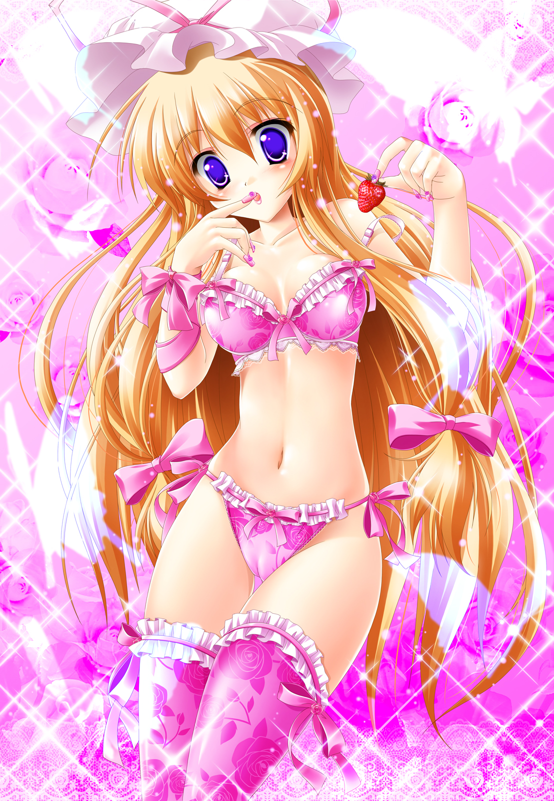 kamiya tomoe, yakumo yukari, touhou, highres, 1girl, blonde hair, blue eyes, bra, bug, butterfly, cameltoe, fake nails, female focus, fingernails, floral print, flower, food, fruit, hair ribbon, holding, holding food, holding fruit, insect, lens flare, lingerie, long hair, nail (hardware), nail art, nail polish, navel, panties, pink bra, pink nails, pink panties, pink thighhighs, print bra, print panties, print thighhighs, ribbon, side-tie panties, solo, sparkle, strap slip, strawberry, thighhighs, underwear, underwear only, very long hair