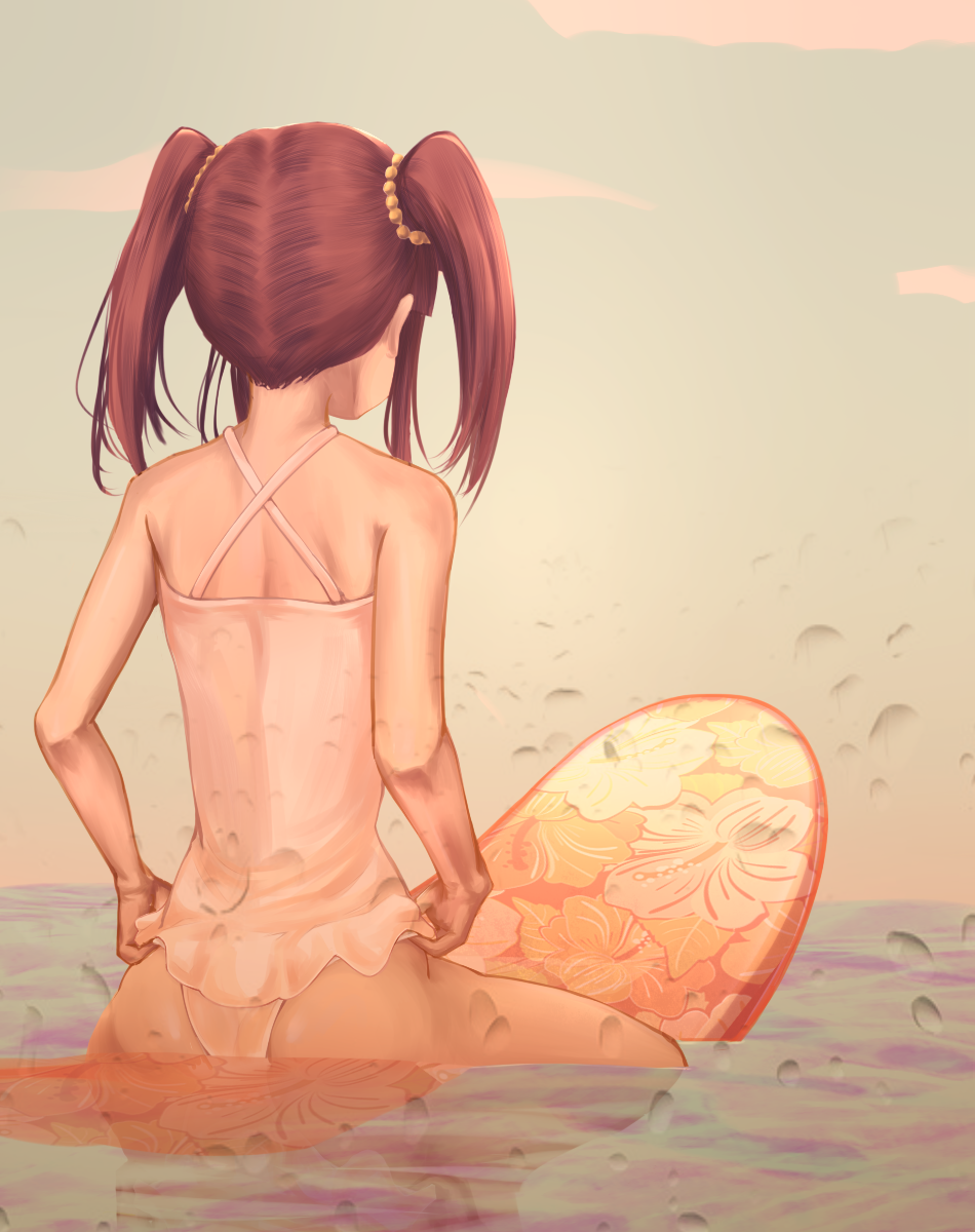 licolicorice, ogata chieri, idolmaster, idolmaster cinderella girls, commentary request, highres, 1girl, beads, casual one-piece swimsuit, criss-cross halter, day, facing away, frilled one-piece swimsuit, frills, from behind, hair beads, hair ornament, halterneck, medium hair, one-piece swimsuit, outdoors, sidelocks, sitting on surfboard, solo, surfboard, swimsuit, twintails, wet lens, white one-piece swimsuit