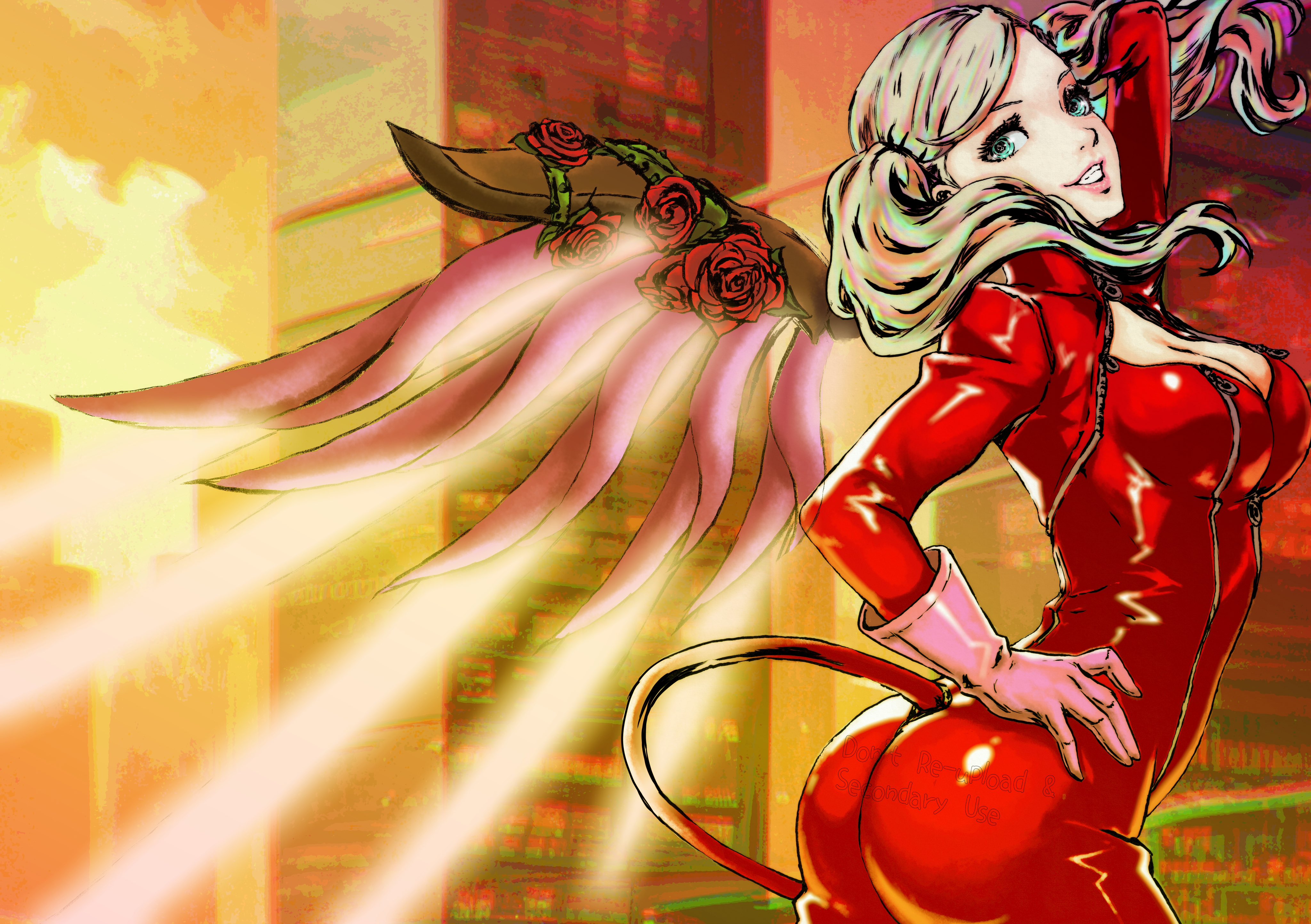 oeilvert fft, mercy (overwatch), takamaki anne, persona, persona 5, absurdres, highres, breasts, cat tail, feathered wings, gloves, large breasts, latex, leather, leather gloves, tail, wings