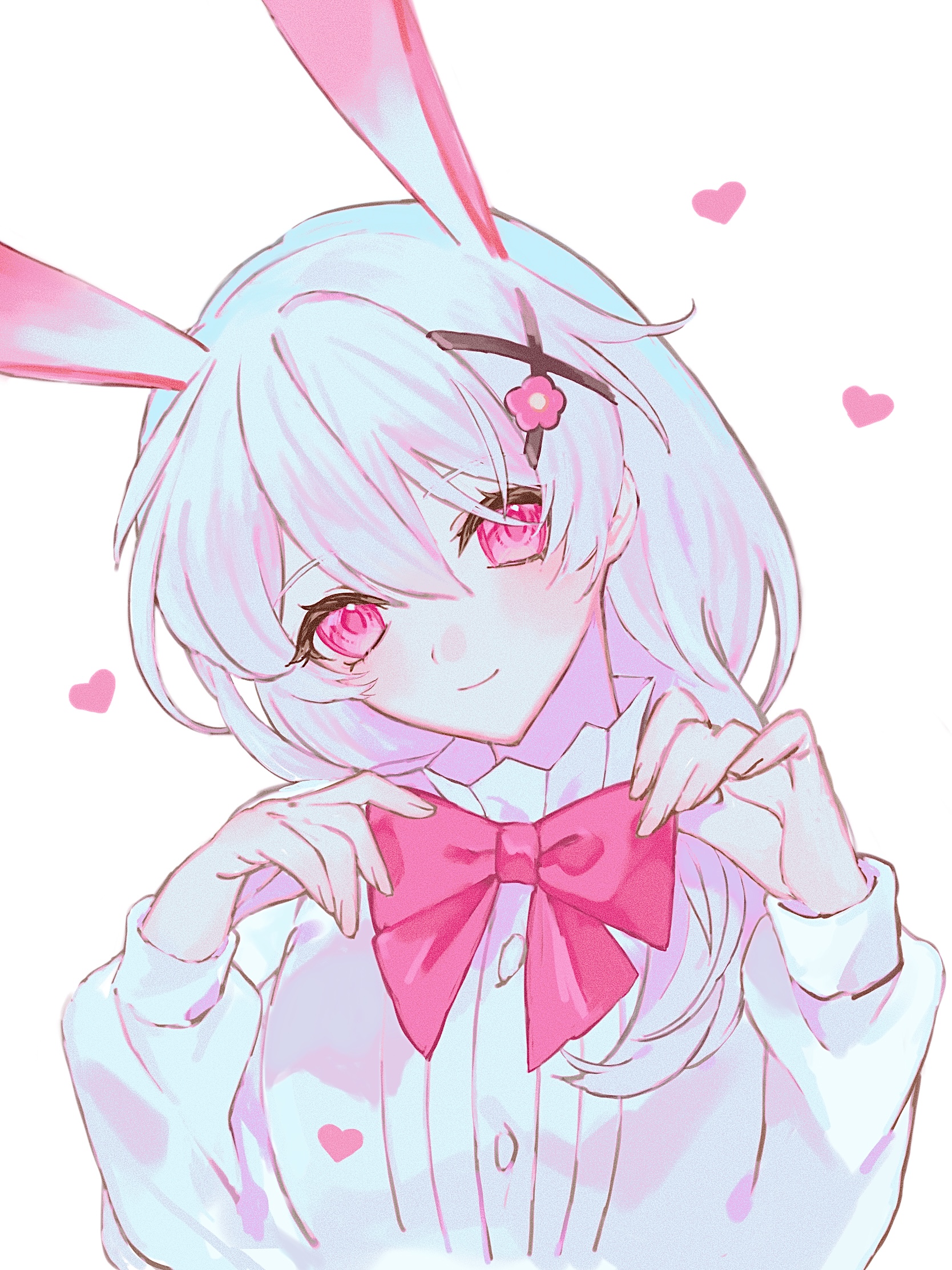 douxfantasme, theresa apocalypse, theresa apocalypse (magic girl teriri), theresa apocalypse (sakuno rondo), honkai (series), honkai impact 3rd, highres, 1girl, animal ears, bow, closed mouth, flower, hair between eyes, hair flower, hair ornament, hands up, head tilt, heart, long hair, long sleeves, looking at viewer, pink bow, pink eyes, pink flower, puffy long sleeves, puffy sleeves, rabbit ears, shirt, simple background, smile, solo, upper body, white background, white hair, white shirt, x hair ornament