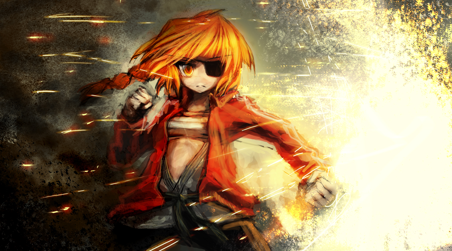 lm7 (op-center), saitou chiharu, lhq, bad id, bad pixiv id, highres, bandages, blonde hair, braid, eyepatch, flat chest, gloves, jacket, long hair, long head quarter, sarashi, single braid, solo, track jacket, yellow eyes