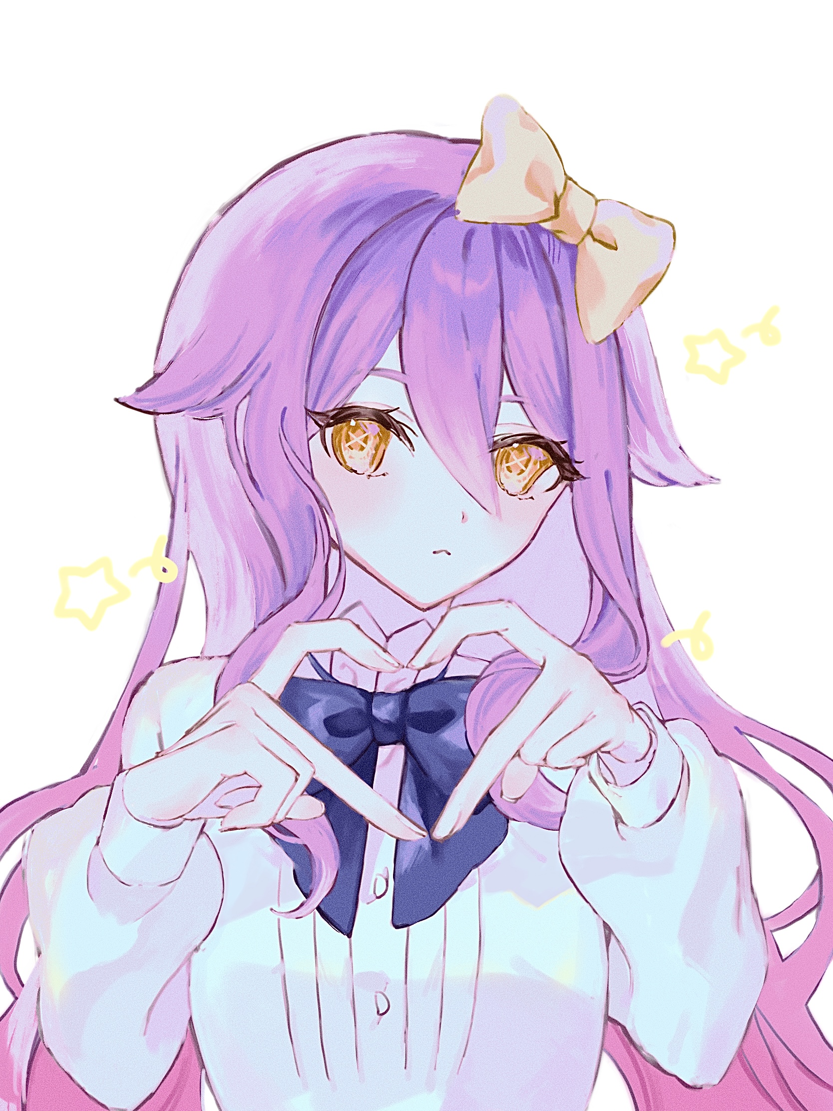 douxfantasme, sirin, honkai (series), honkai impact 3rd, highres, 1girl, blue bow, bow, breasts, brown bow, brown eyes, closed mouth, hair between eyes, hair bow, hands up, heart, heart hands, long sleeves, looking at viewer, medium breasts, puffy long sleeves, puffy sleeves, purple hair, shirt, simple background, sleeves past wrists, solo, star (symbol), upper body, white background, white nails, white shirt