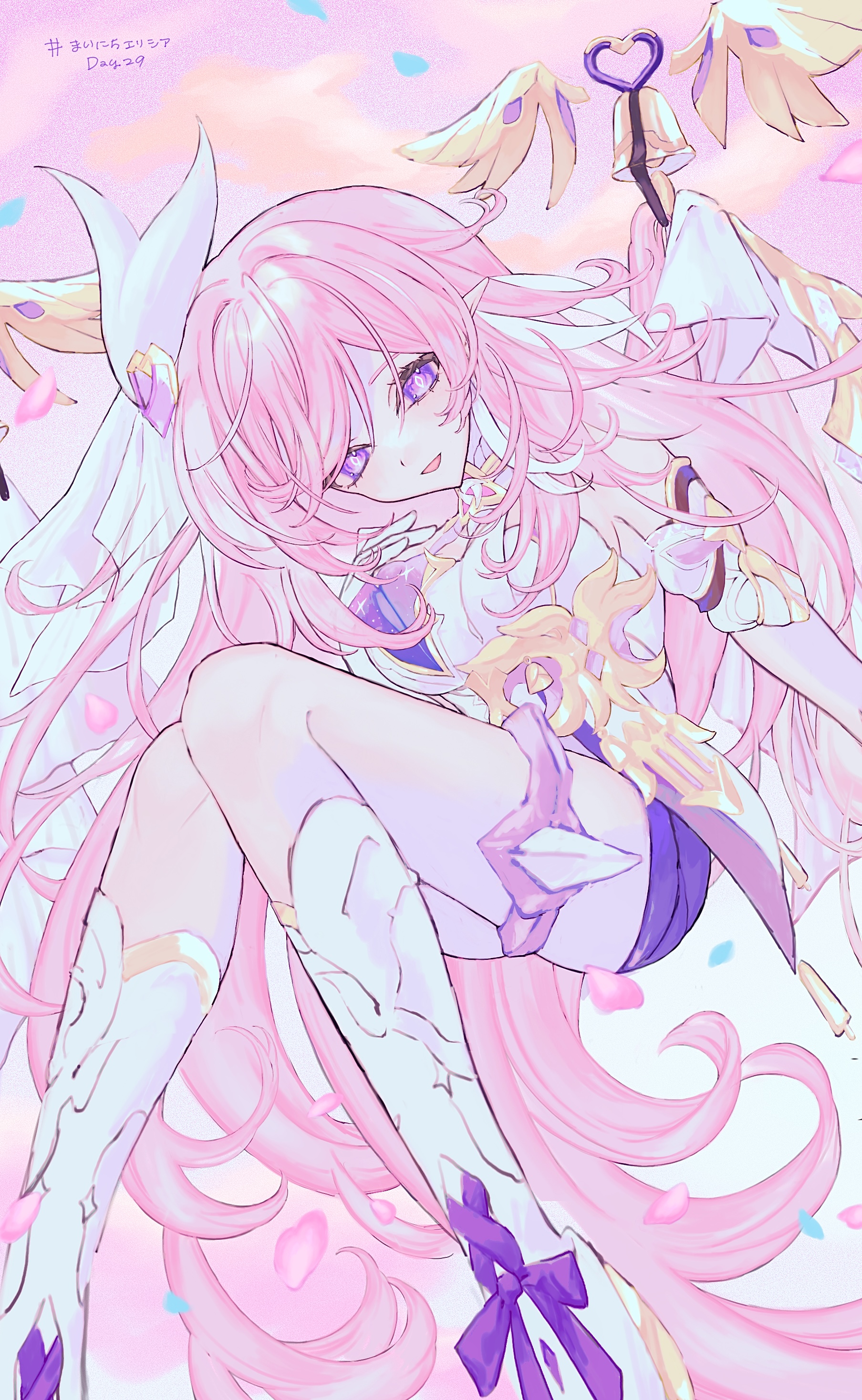 douxfantasme, elysia (herrscher of human: ego) (honkai impact), elysia (honkai impact), honkai (series), honkai impact 3rd, absurdres, highres, 1girl, :d, boots, bow, breasts, dress, feet out of frame, gloves, hair between eyes, hand up, knees together feet apart, long hair, looking at viewer, medium breasts, open mouth, pink hair, pointy ears, purple bow, purple eyes, purple shorts, short shorts, shorts, smile, solo, very long hair, white boots, white dress, white gloves