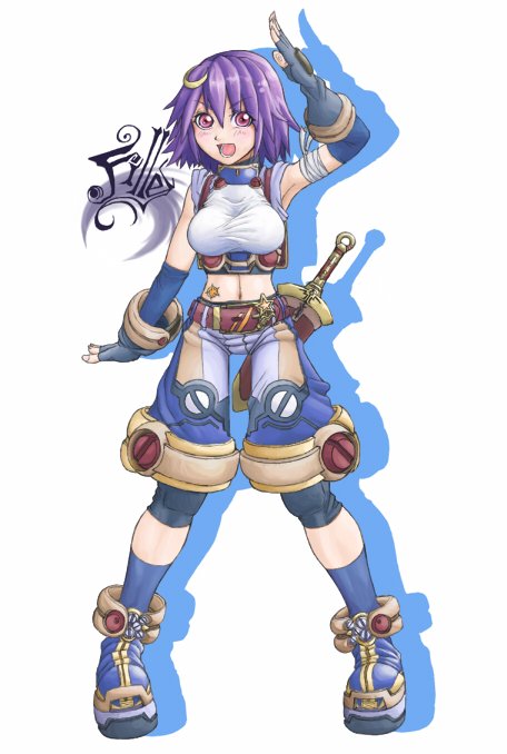 owju (ouju), super novice (ragnarok online), ragnarok online, commentary request, 1girl, arm up, belt, blue boots, blue gloves, blue shorts, blue socks, boots, breasts, brown belt, dagger, elbow gloves, fingerless gloves, full body, gloves, knife, looking at viewer, medium breasts, midriff, midriff tattoo, navel, open mouth, pink eyes, purple hair, scabbard, sheath, shirt, short hair, shorts, simple background, sleeveless, sleeveless shirt, socks, solo, standing, star (symbol), star tattoo, tattoo, weapon, white background, white shirt