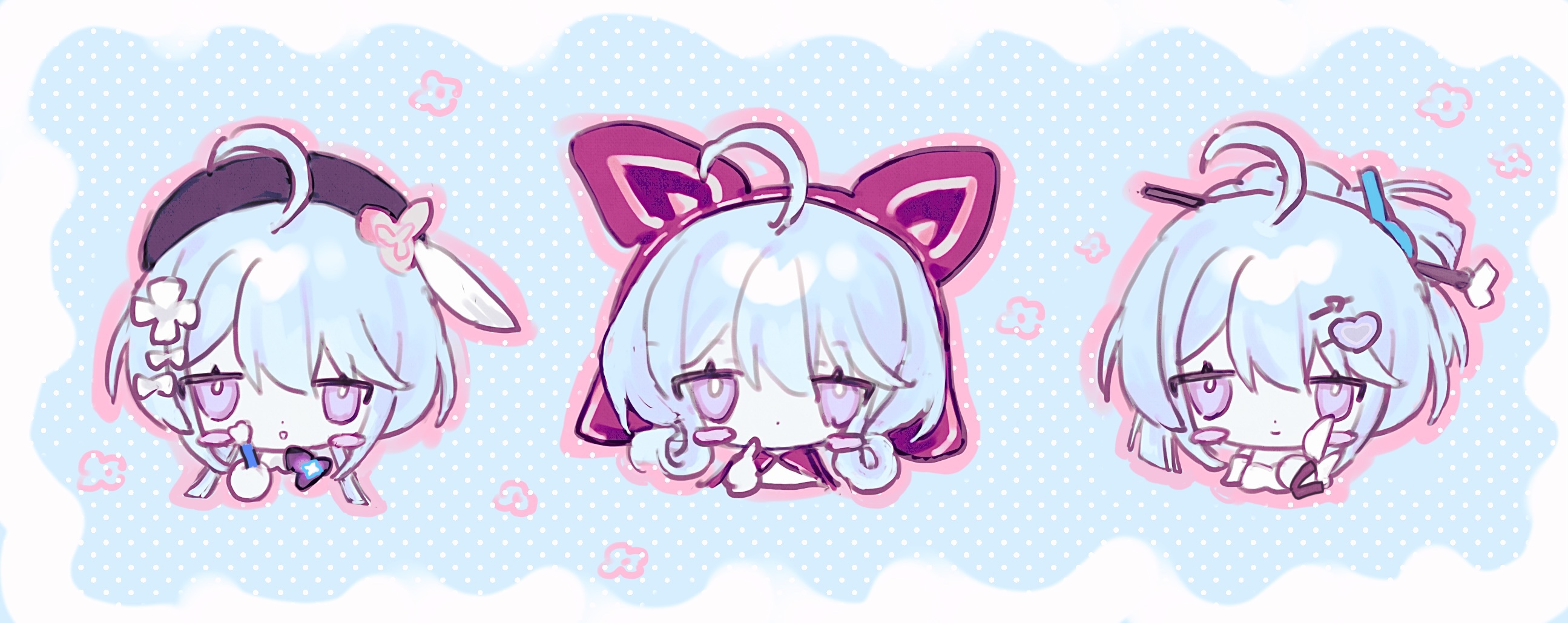 douxfantasme, griseo, griseo (maroon riding hood), griseo (starry impression), griseo (summer as a painting), honkai (series), honkai impact 3rd, highres, 1girl, ahoge, beret, blue background, blue hair, blush stickers, brown hat, chibi, closed mouth, cropped torso, hair between eyes, hat, holding, holding paintbrush, looking at viewer, multiple views, official alternate costume, paintbrush, polka dot, polka dot background, purple eyes, smile, upper body, white background