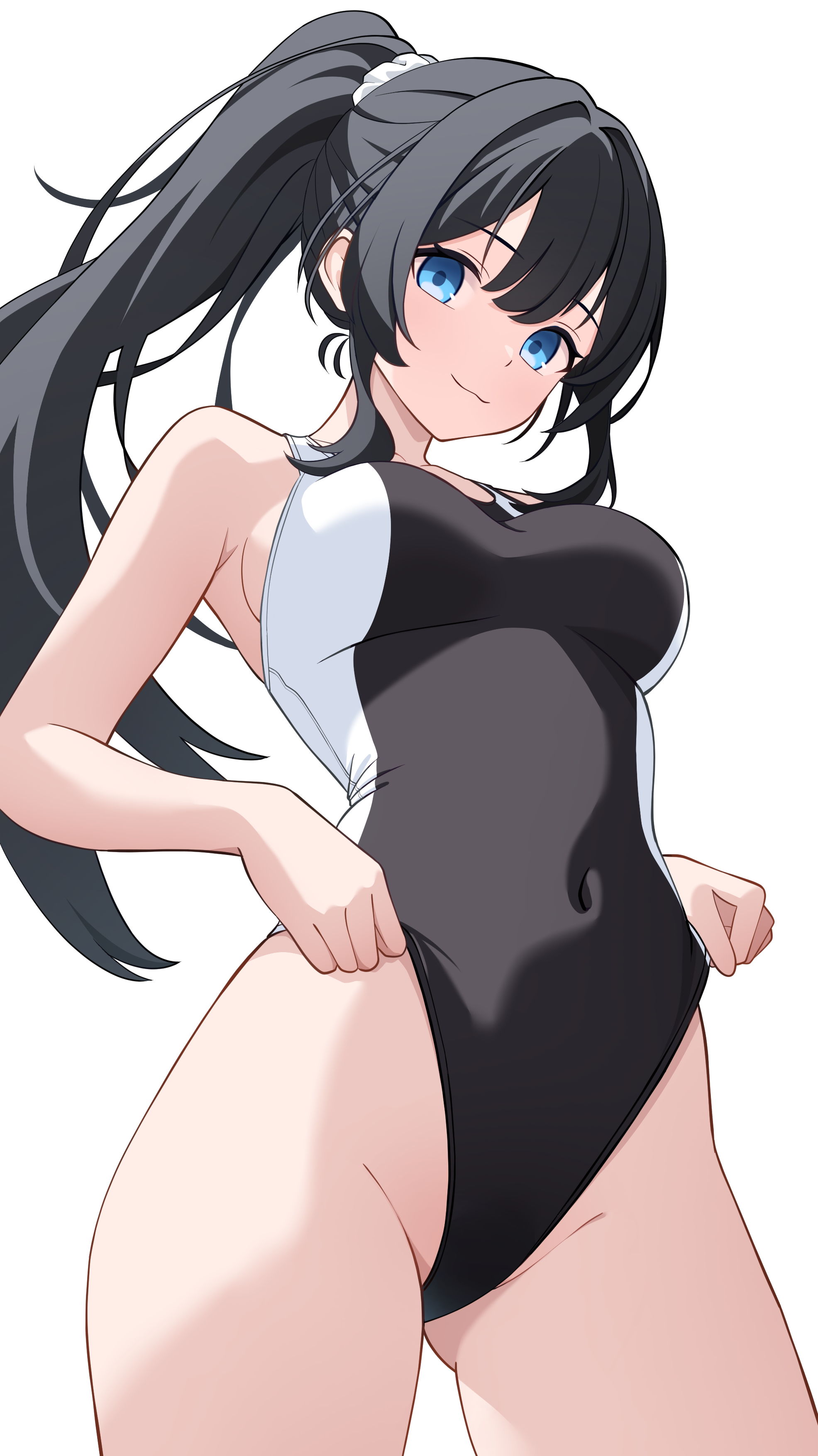 shijima (shijima tc), original, absurdres, commission, highres, second-party source, skeb commission, 1girl, :3, bare arms, bare legs, black hair, black one-piece swimsuit, blue eyes, borrowed character, breasts, closed mouth, clothes grab, covered navel, cowboy shot, double-parted bangs, from below, gluteal fold, groin, hands on own hips, large breasts, legs apart, light smile, long hair, looking at viewer, one-piece swimsuit, perky breasts, ponytail, sideboob, sidelocks, simple background, solo, standing, swimsuit, white background