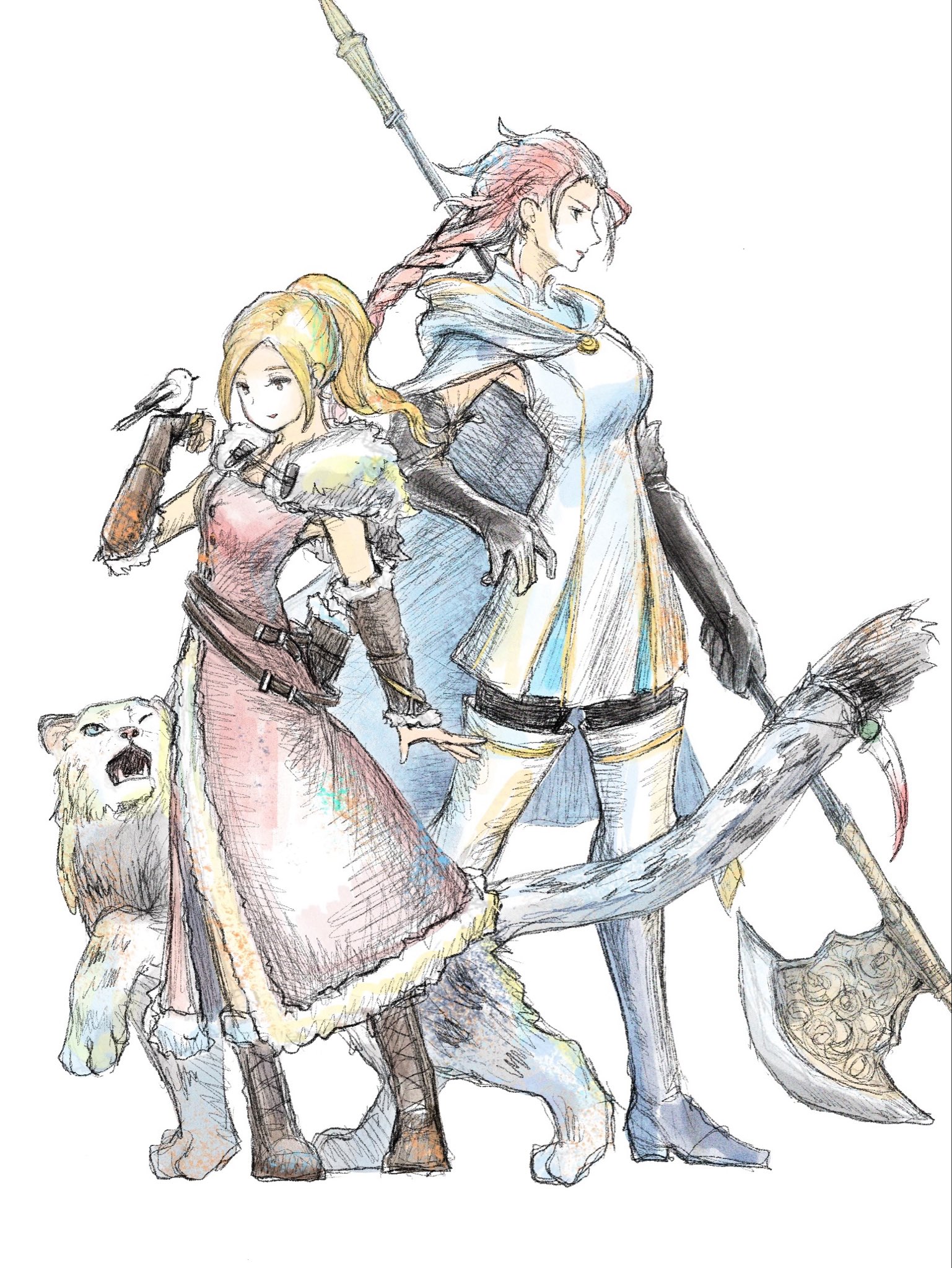 qqqqqli, h'aanit (octopath traveler), linde (octopath traveler), ophilia clement, octopath traveler, octopath traveler i, commentary, commentary request, english commentary, highres, mixed-language commentary, 2girls, armor, axe, battle axe, bird, bird on hand, black gloves, blonde hair, boots, braid, braided ponytail, brown boots, coat, cosplay, costume switch, fur-trimmed coat, fur trim, gloves, greaves, high ponytail, holding, holding polearm, holding weapon, multiple girls, one eye closed, pink hair, polearm, ponytail, snow leopard, standing, wavy hair, weapon