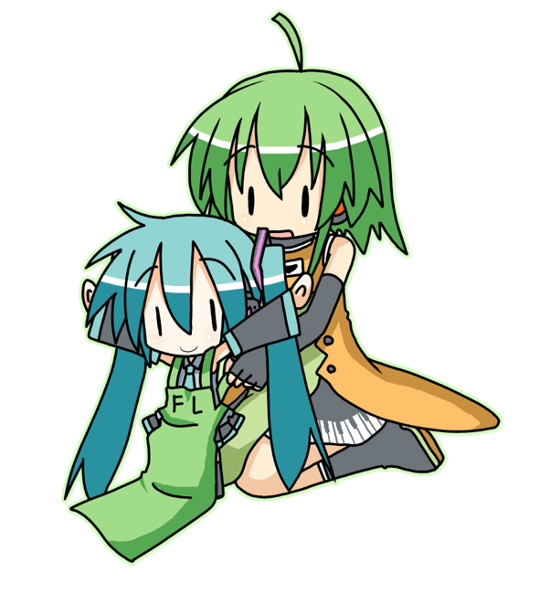 minami (colorful palette), chibi miku, fl-chan, hatsune miku, fl studio, vocaloid, 2girls, ahoge, apron, chibi, fingerless gloves, gloves, kneeling, multiple girls, piano print, smile, | |