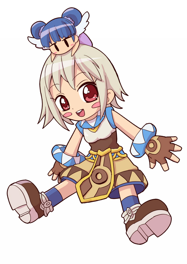 umiwata, super novice (ragnarok online), ragnarok online, commentary request, 1girl, :d, blue socks, blush stickers, boots, brown boots, brown gloves, brown shorts, doll on head, fingerless gloves, full body, gloves, grey hair, lady solace, looking at viewer, open mouth, pelvic curtain, red eyes, shirt, short hair, shorts, simple background, sleeveless, sleeveless shirt, smile, socks, solo, teeth, upper teeth only, white background, white shirt