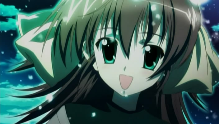sugiyama nobuhiro, miyamura miyako, ef (visual novel), light, 00s, :d, brown hair, cloud, glowing, green eyes, hair ribbon, open mouth, ribbon, smile, solo