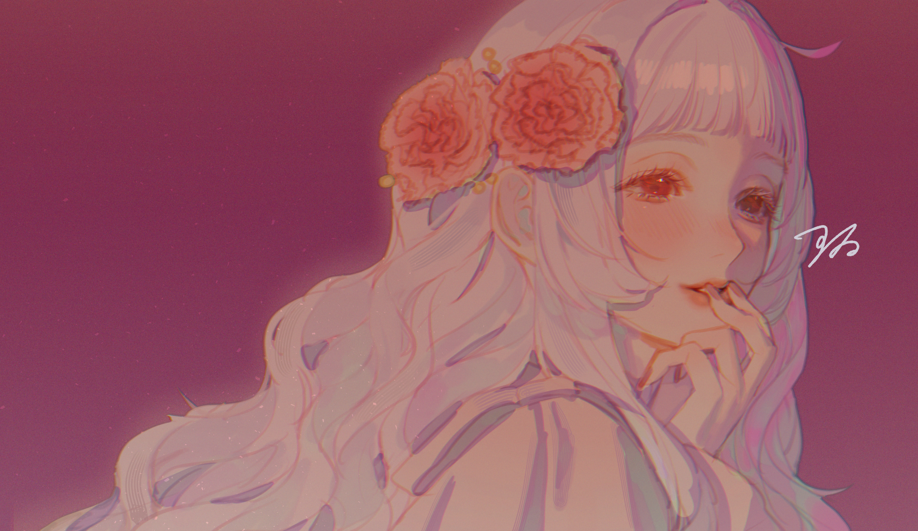 original, commentary, english commentary, highres, 1girl, blush, finger to mouth, flower, hair flower, hair ornament, long hair, parted lips, signature, solo, suidrawsui, white hair