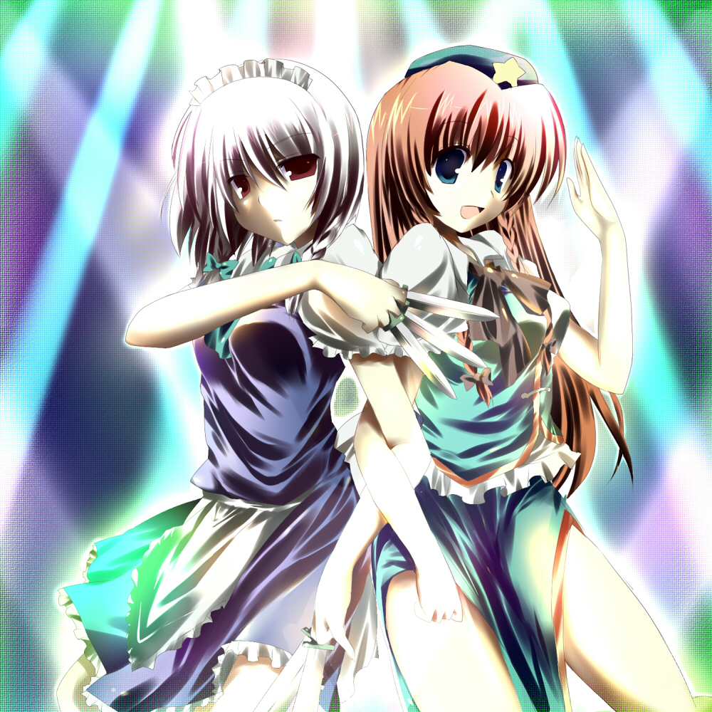 kinoko (hkn), hong meiling, izayoi sakuya, touhou, bad id, bad pixiv id, 2girls, between fingers, female focus, holding, knife, maid, multiple girls, throwing knife, weapon