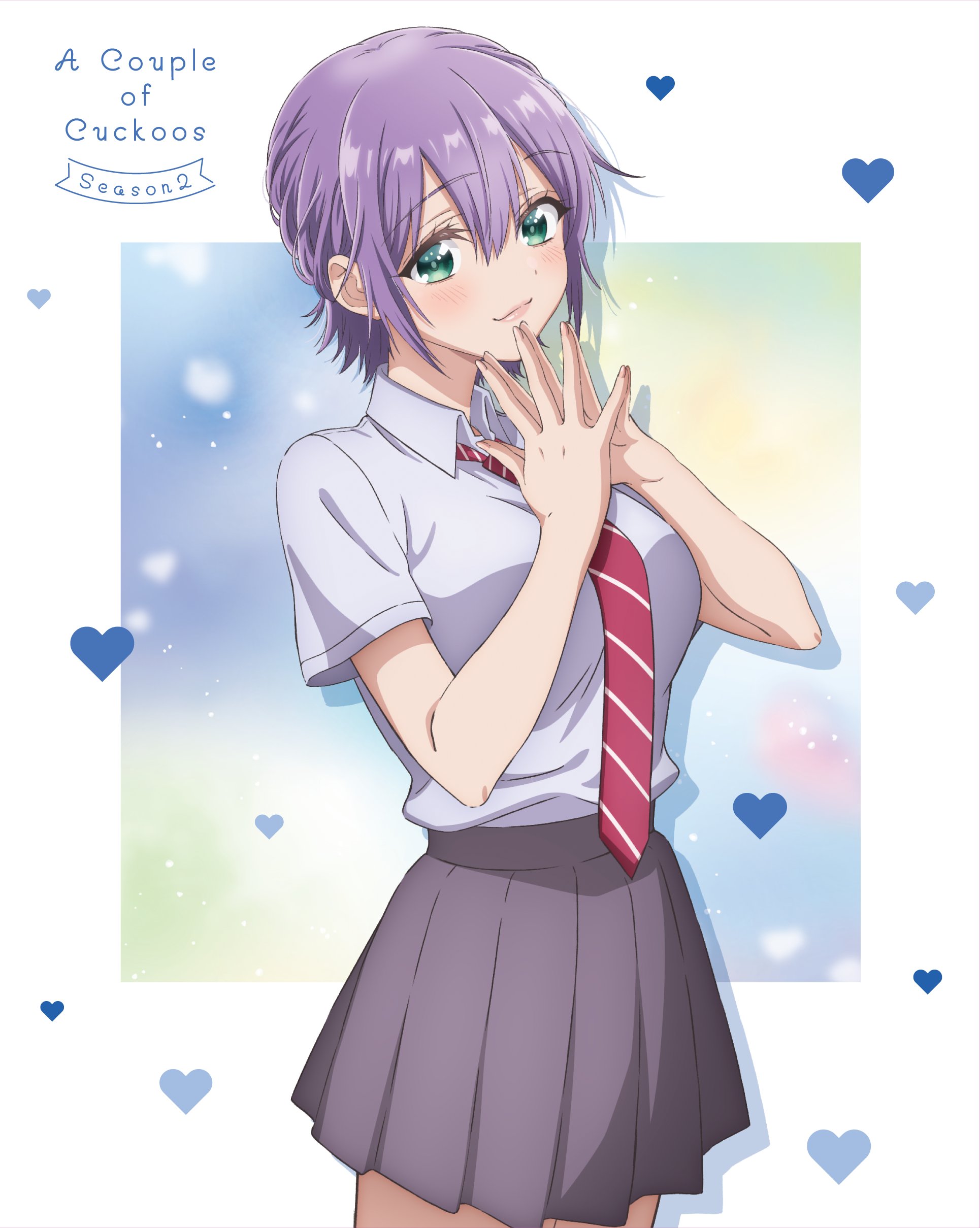 anifar inc., segawa hiro, kakkou no iinazuke, absurdres, commentary request, highres, official art, 1girl, blue background, blush, breasts, closed mouth, collared shirt, copyright name, diagonal-striped clothes, diagonal-striped necktie, dot nose, dress shirt, gradient background, hair between eyes, hands up, heart, heart background, large breasts, looking at viewer, miniskirt, necktie, own hands together, pleated skirt, purple hair, red necktie, shirt, shirt tucked in, short hair, short sleeves, skirt, solo, striped clothes