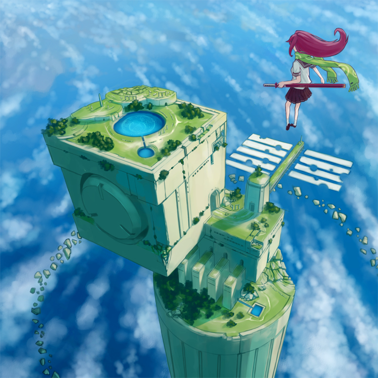 haruno, haruno sora, 1girl, building, cloud, day, female focus, floating island, island, pool, scarf, scenery, school uniform, science fiction, serafuku, sky, solo, sword, weapon