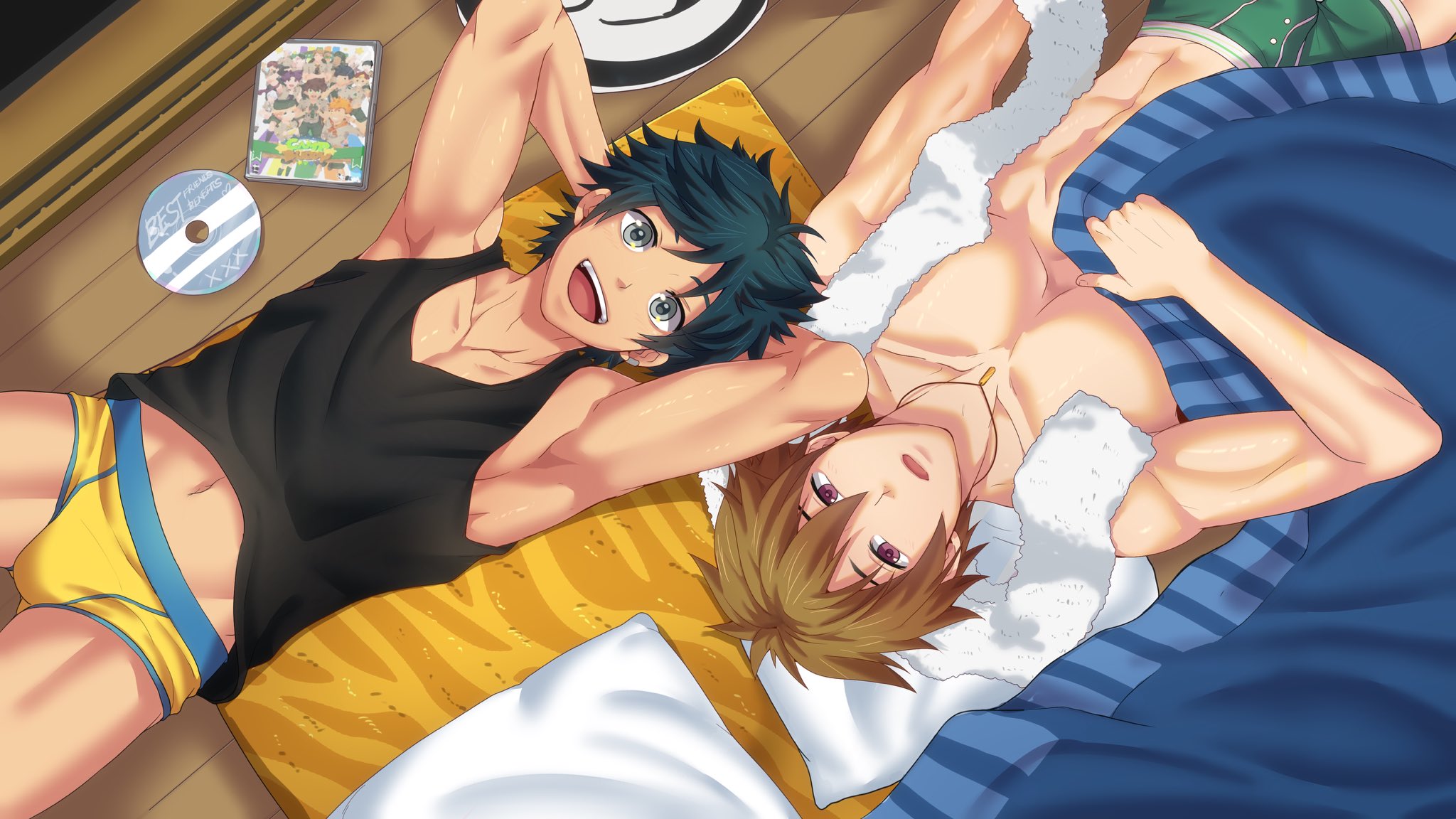 mikkoukun, kano haruyuki, sato hideaki, character request, commentary, english commentary, highres, official art, redrawn, 2boys, armpits, arms behind head, arms up, black tank top, boxers, briefs, brown hair, bulge, collarbone, dvd (object), dvd case, green male underwear, grey eyes, hair between eyes, looking at viewer, lying, male focus, male underwear, multiple boys, navel, on back, on floor, on ground, open mouth, pectorals, pillow, shiny skin, short hair, sleepover: rewake, smile, tank top, teeth, tongue, towel, towel around neck, underwear, upper teeth only, yellow male underwear