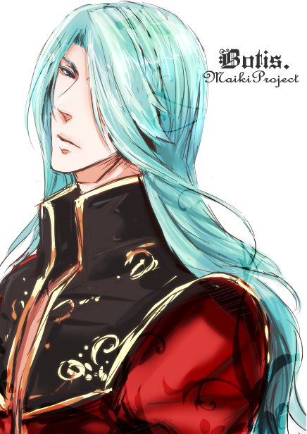 priest (ragnarok online), ragnarok online, commentary request, 1boy, black coat, blue eyes, blue hair, closed mouth, coat, expressionless, gold trim, hair over one eye, long hair, looking at viewer, male focus, multicolored coat, narcissus444, red coat, simple background, solo, two-tone coat, upper body, white background