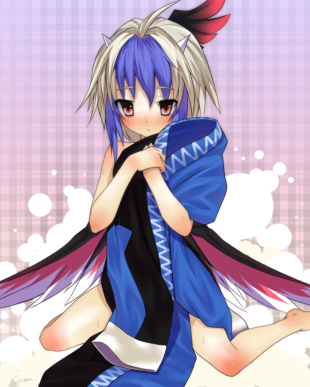eho (icbm), kaiho, tokiko (touhou), curiosities of lotus asia, touhou, bad id, bad pixiv id, highres, 1girl, barefoot, blush, clothes in front, covering privates, female focus, head wings, horns, multicolored hair, nude, nude cover, red eyes, sitting, solo, wings