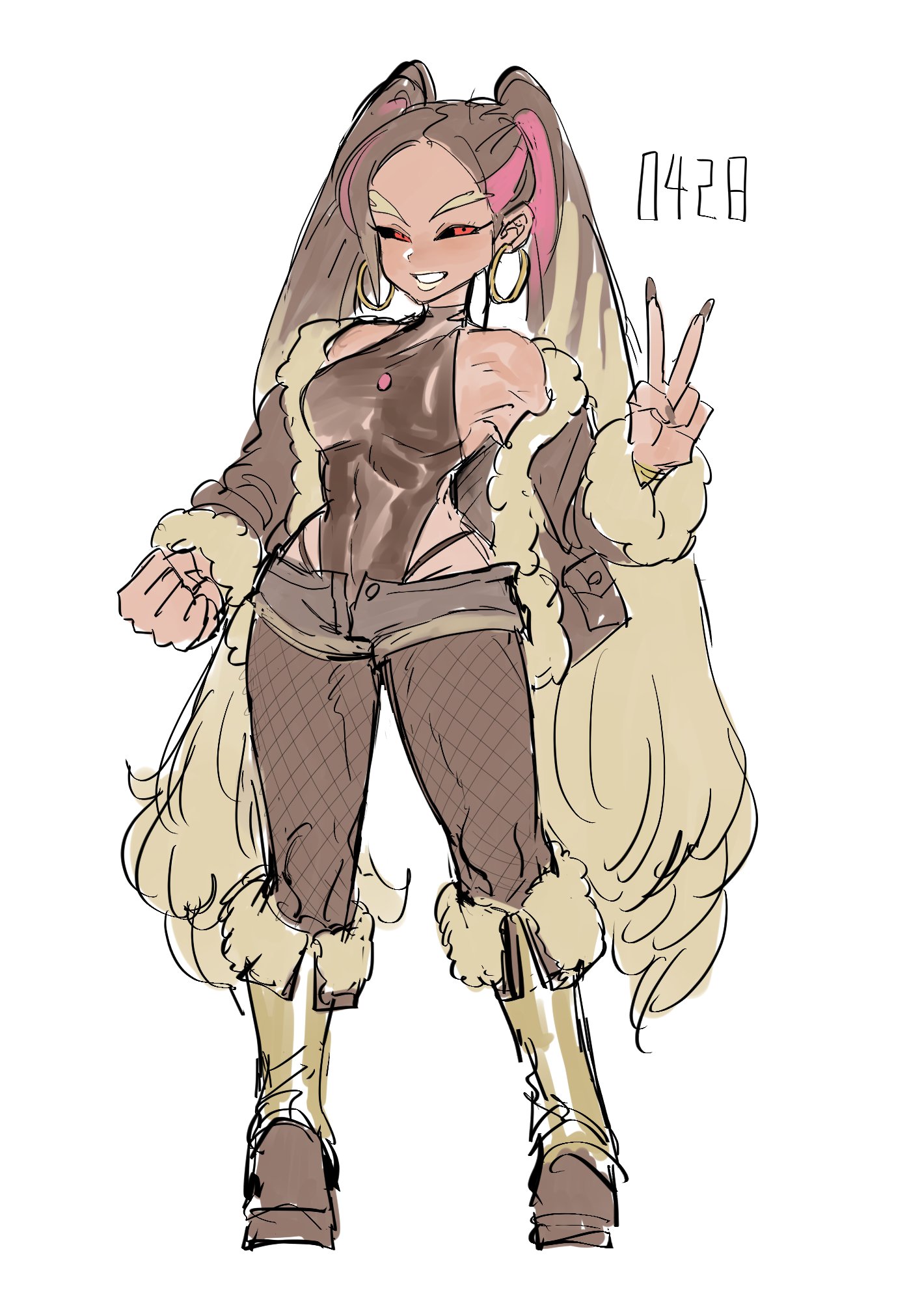 dancho no mori, lopunny, nintendo, pokemon, highres, 1girl, bare shoulders, black sclera, blonde hair, breasts, brown hair, brown jacket, brown leotard, brown nails, brown pantyhose, clenched hand, colored sclera, covered navel, earrings, fingernails, fishnet pantyhose, fishnets, full body, fur-trimmed jacket, fur-trimmed sleeves, fur trim, gen 4 pokemon, grey shorts, hoop earrings, jacket, jewelry, legs apart, leotard, leotard under clothes, long fingernails, long hair, long sleeves, medium breasts, multicolored hair, nail polish, open fly, pantyhose, pantyhose under shorts, personification, pink hair, pink streaks, pokedex number, red eyes, short shorts, shorts, simple background, solo, standing, streaked hair, twintails, very long hair, white background