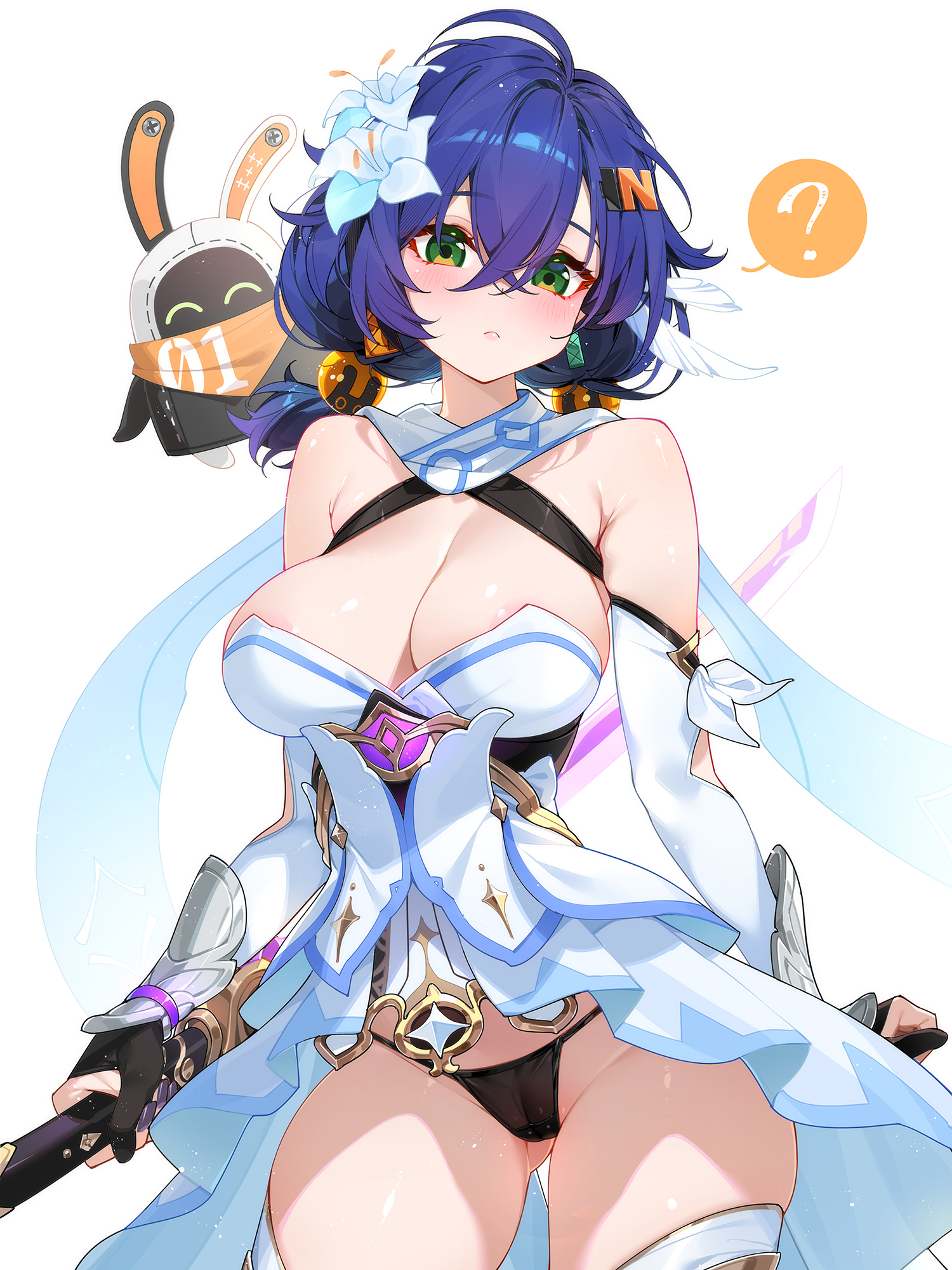 waterring, bangboo (zenless zone zero), belle (zenless zone zero), eous (zenless zone zero), lumine (genshin impact), genshin impact, mihoyo, zenless zone zero, bilingual commentary, commentary, english commentary, highres, mixed-language commentary, revision, 1girl, :<, ?, areola slip, black gloves, black panties, blue hair, breasts, cameltoe, company connection, cosplay, crossover, dress, flower, gloves, green eyes, hair flower, hair ornament, high-low dress, holding, holding sword, holding weapon, large breasts, letter hair ornament, light particles, looking at viewer, lumine (genshin impact) (cosplay), mistsplitter reforged (genshin impact), panties, reverse grip, short hair, solo, sphere hair ornament, spoken question mark, strapless, strapless dress, sword, thighhighs, underwear, weapon, white background, white dress, white sleeves, white thighhighs