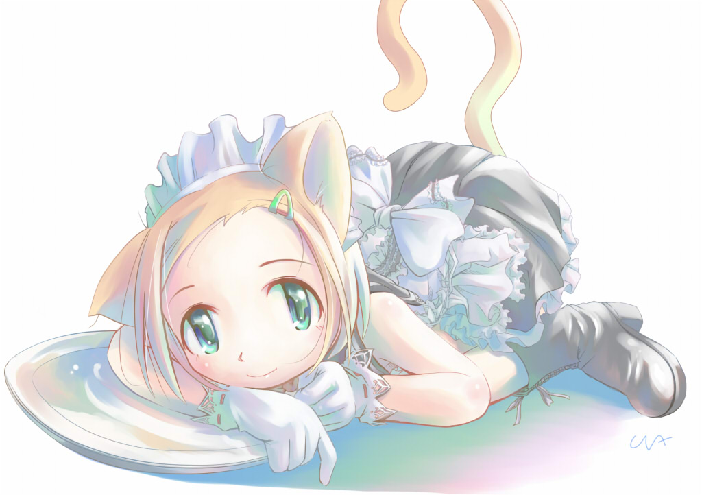 hiyoko touna, original, all fours, animal ears, cat ears, cat tail, gloves, green eyes, maid, short hair, solo, tail, tray