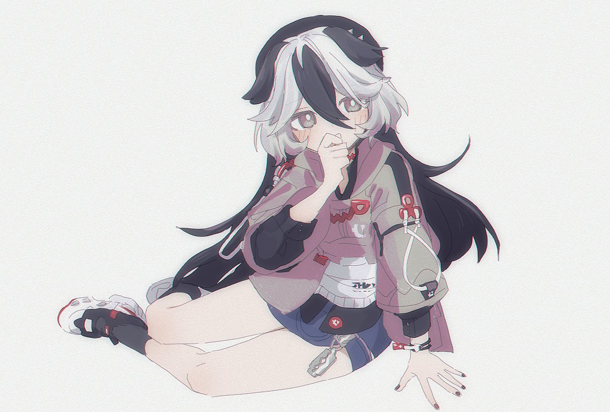 ohoolthu, coralie 6626 planck, honkai (series), honkai impact 3rd, commentary, 1girl, beret, black hair, black hat, black nails, black socks, blue skirt, blush, brown jacket, covered mouth, full body, grey background, grey eyes, hair between eyes, hand up, hat, jacket, long hair, long sleeves, looking at viewer, multicolored hair, nail polish, puffy long sleeves, puffy sleeves, shirt, shoes, simple background, skirt, socks, solo, two-tone hair, very long hair, white hair, white shirt, white shoes