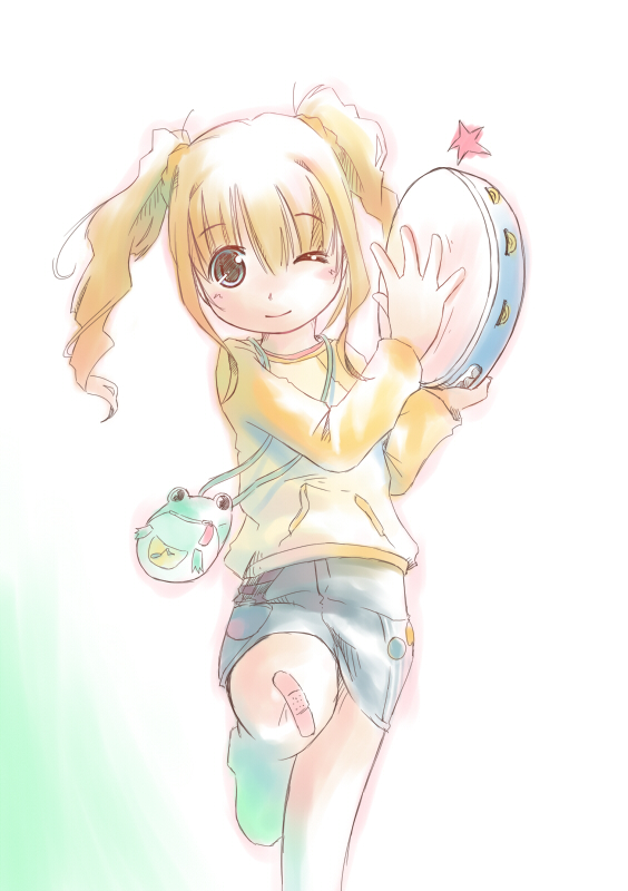 hiyoko touna, takatsuki yayoi, idolmaster, idolmaster (classic), idolmaster 1, 00s, 1girl, bandaid, bandaid on knee, bandaid on leg, blonde hair, female focus, gradient background, instrument, one eye closed, solo, tambourine, twintails, wink