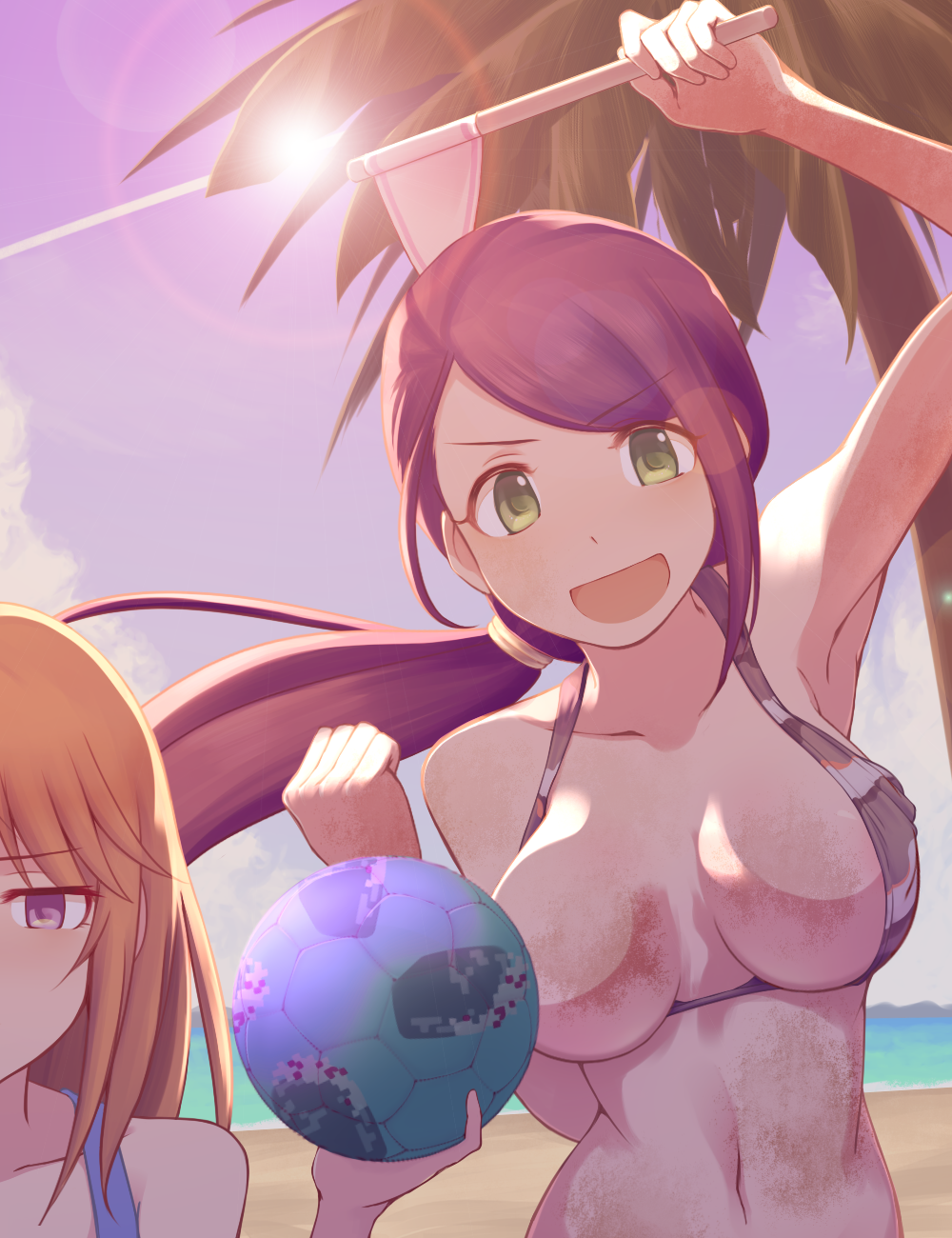 licolicorice, yamato aki, yuuki haru, idolmaster, idolmaster cinderella girls, commentary request, highres, 2girls, :d, arm up, ball, beach, bikini, black bikini, breasts, clenched hand, cloud, convenient censoring, day, flag, green eyes, hair tie, halterneck, holding, holding ball, holding flag, large breasts, lens flare, long hair, looking at viewer, low ponytail, multiple girls, navel, ocean, open mouth, orange hair, outdoors, palm tree, ponytail, purple eyes, purple hair, sand, sky, smile, soccer ball, stomach, striped bikini, striped clothes, sun, swept bangs, swimsuit, tree, upper body