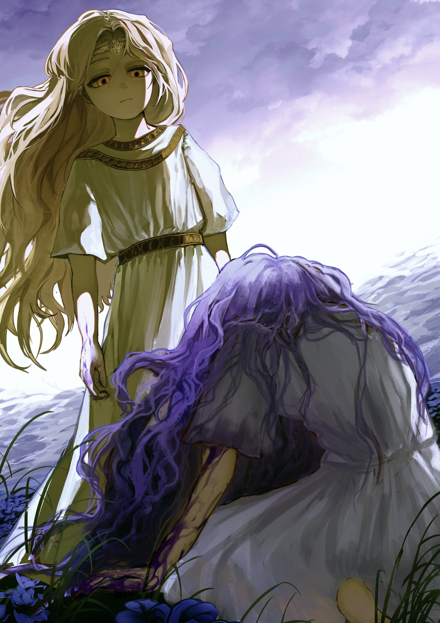 cabbagekei, miquella (elden ring), st. trina (elden ring), elden ring, elden ring: shadow of the erdtree, commentary, commission, highres, spoilers, 1boy, 1girl, blonde hair, circlet, closed mouth, dual persona, long hair, purple hair, robe, sitting, trap, wavy hair, white robe, yellow eyes