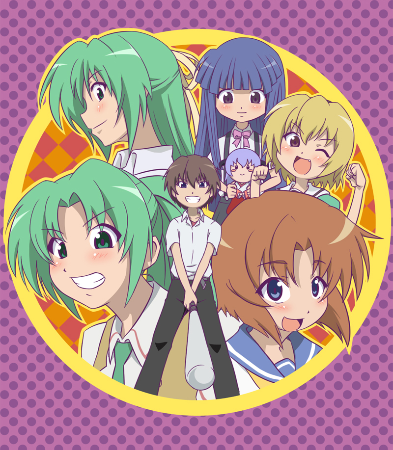 chama (karaginan), karaginan, furude rika, hanyuu, houjou satoko, maebara keiichi, ryuuguu rena, sonozaki mion, sonozaki shion, higurashi no naku koro ni, 00s, 1boy, 5girls, baseball bat, blonde hair, blue eyes, blue hair, blush, brown hair, character doll, doll, everyone, fang, green eyes, green hair, grin, hair ribbon, half updo, horns, long hair, multiple girls, necktie, orange hair, ponytail, purple eyes, purple hair, ribbon, school uniform, serafuku, short hair, siblings, sisters, smile, suspenders, twins