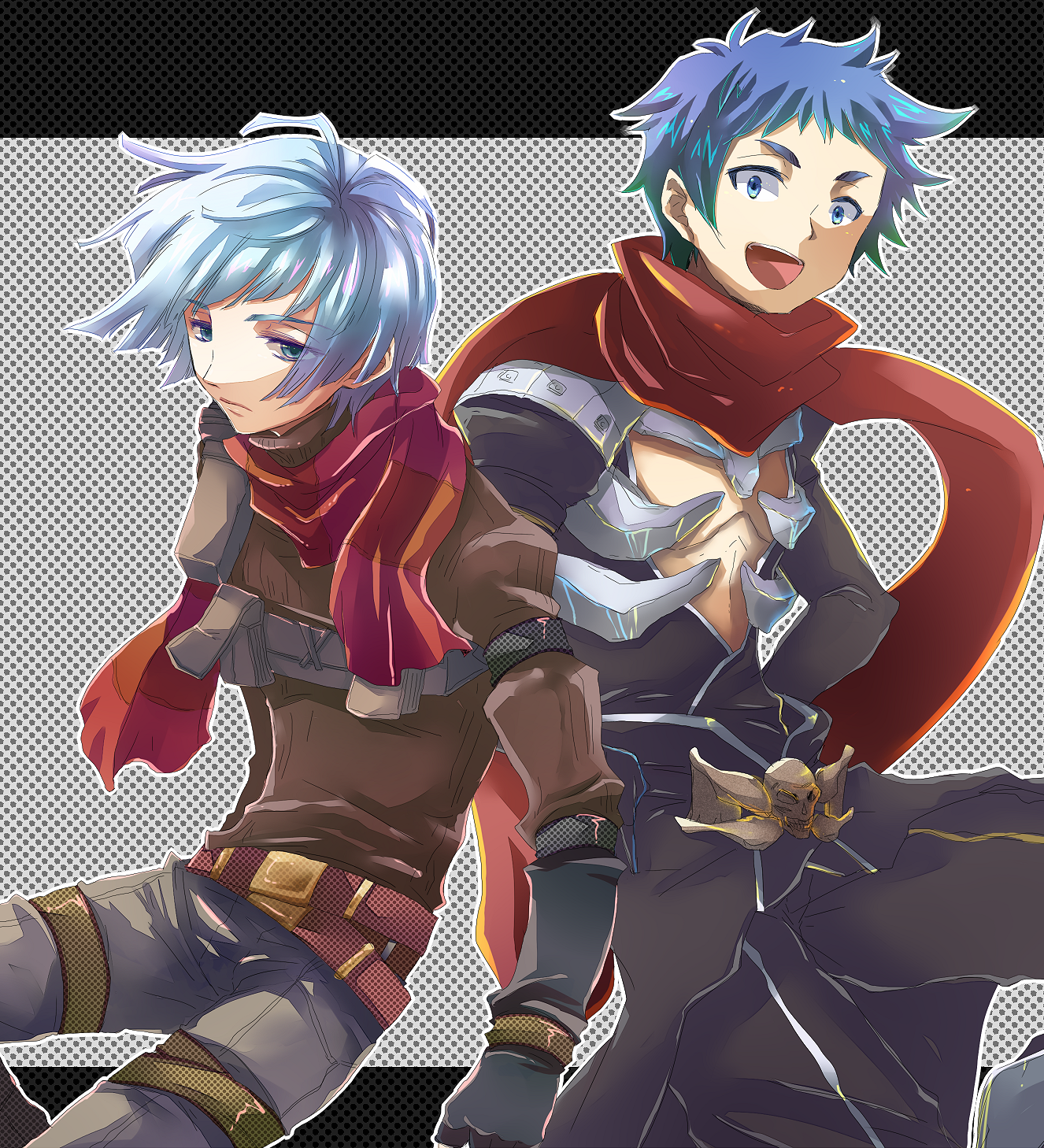 sachirou, assassin cross (ragnarok online), ranger (ragnarok online), ragnarok online, commentary request, highres, 2boys, armor, belt, black cape, black gloves, black pants, black shirt, blue eyes, blue hair, brown belt, brown shirt, cape, closed mouth, expressionless, feet out of frame, gloves, grey pants, looking at viewer, male focus, multiple boys, open mouth, pants, pauldrons, red scarf, scarf, shirt, short bangs, short hair, shoulder armor, skull, smile, waist cape