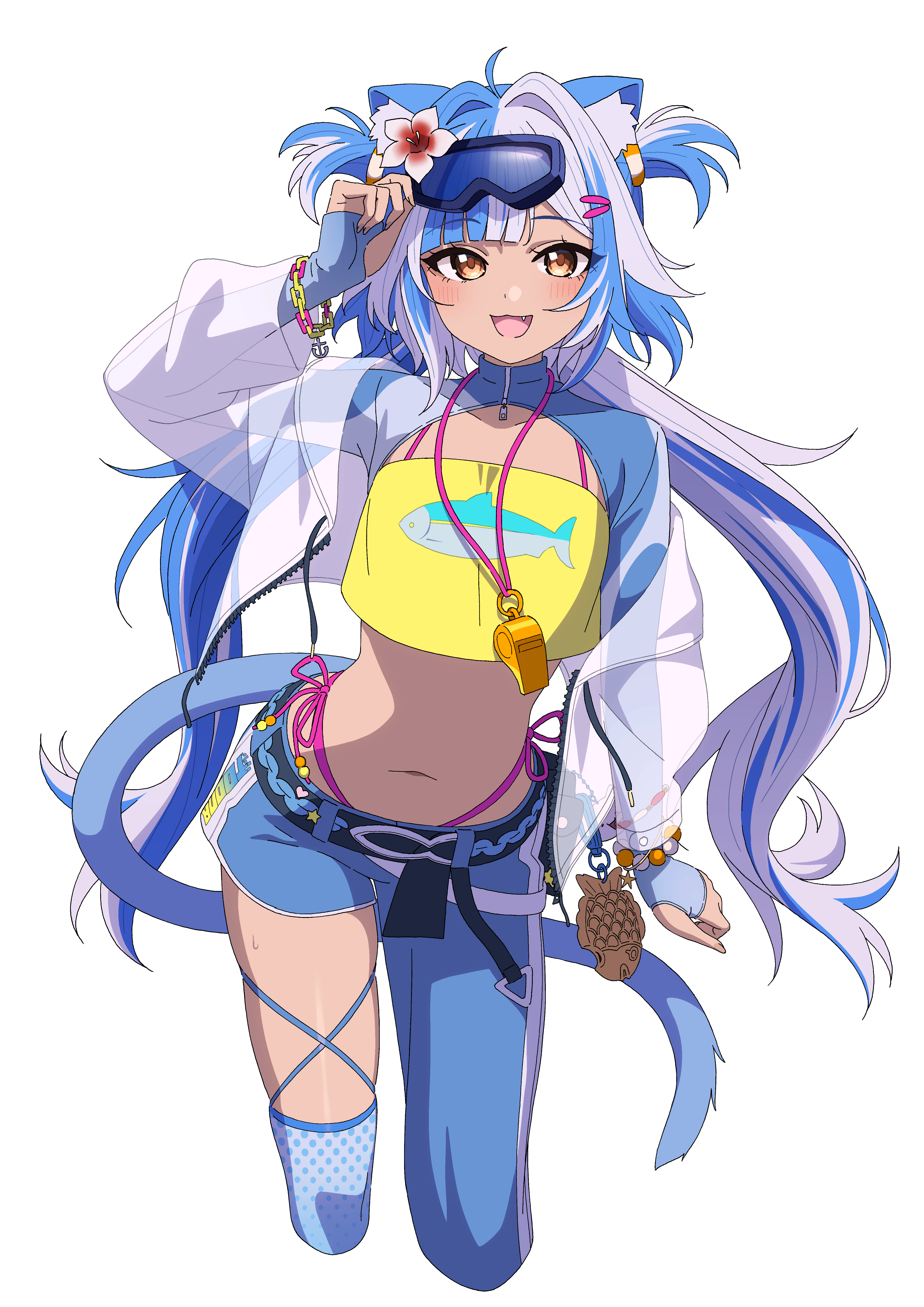 aoi suzu, indie virtual youtuber, absurdres, commission, highres, second-party source, 1girl, :3, adjusting eyewear, animal ears, animal print, anime coloring, arm at side, arm up, asymmetrical legwear, bead bracelet, beads, belt, black belt, blue gloves, blue hair, blue pants, blue shrug, blue tail, blunt bangs, bracelet, brown eyes, cat ears, cat girl, cat tail, chain, chain bracelet, cowboy shot, crop top, cropped jacket, cropped legs, eyewear on head, fang, fingerless gloves, fish print, flower, gloves, hair flower, hair intakes, hair ornament, jacket, jewelry, light smile, looking at viewer, multicolored hair, navel, open mouth, pants, panty straps, print shirt, see-through clothes, see-through jacket, shirt, shrug (clothing), side part, simple background, solo, stomach, tail, thong, twintails, two-tone hair, two side up, whistle, whistle around neck, white background, white hair, yellow shirt, zipper, zipper pull tab