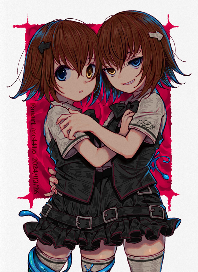 original, black ribbon, brother and sister, conjoined, height difference, heterochromia, ribbon, school uniform, short hair, siblings