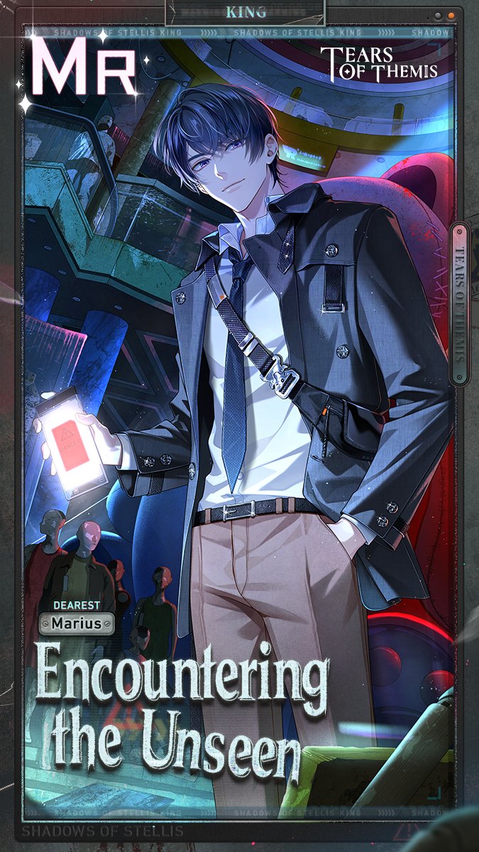 marius von hagen (tears of themis), tears of themis, commentary, english commentary, highres, official art, 1boy, bag, belt, belt buckle, black belt, black hair, black jacket, blue necktie, brown pants, buckle, cellphone, character name, closed mouth, collared shirt, copyright name, dress shirt, hair between eyes, hand in pocket, holding, holding phone, jacket, looking at viewer, male focus, mannequin, necktie, open clothes, open jacket, pants, phone, purple eyes, screen light, shirt, shoulder bag, smile, solo, white shirt