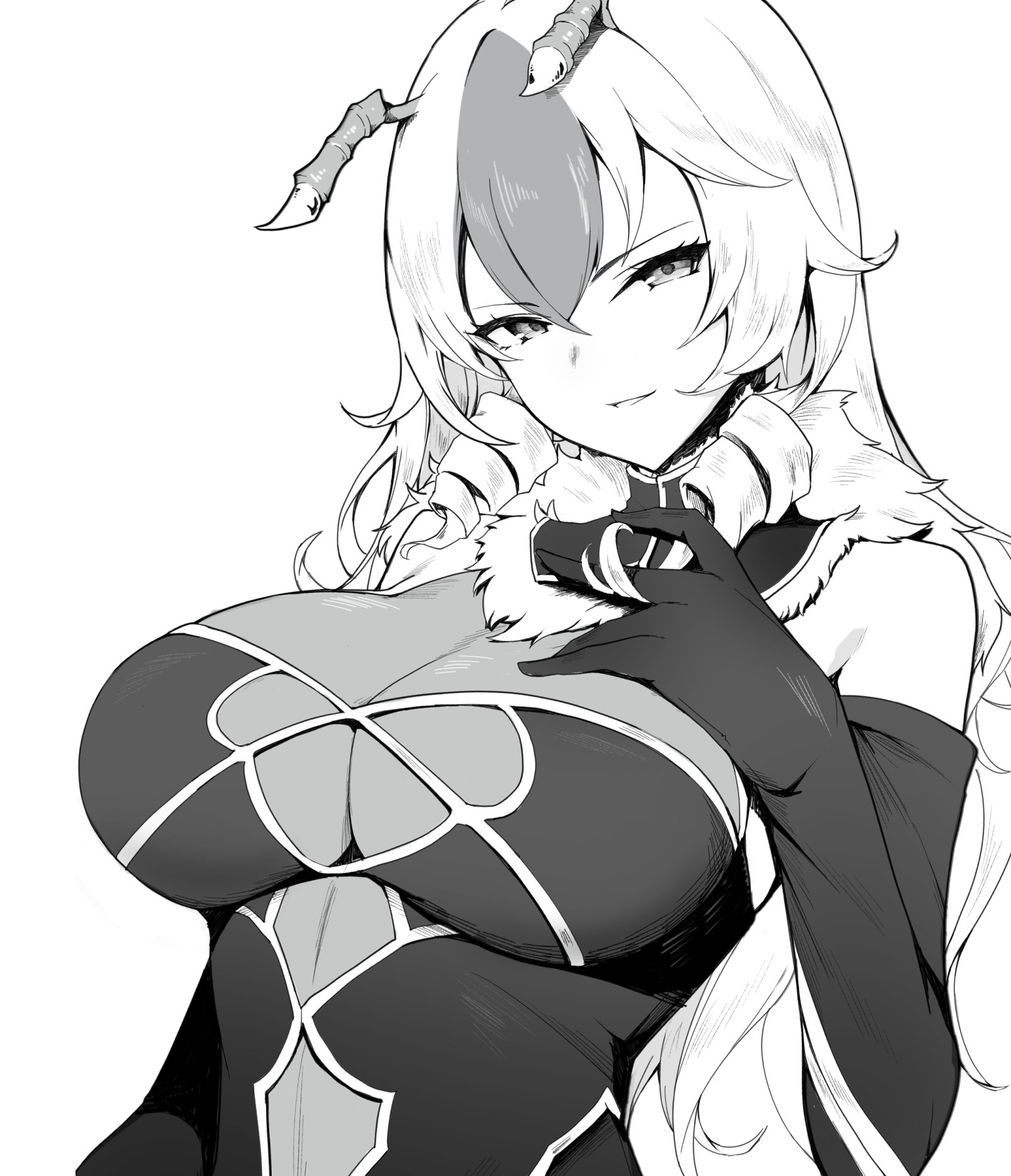 yuuge ningen, z/x, highres, 1girl, antennae, arthropod girl, bee girl, breasts, curly hair, dress, elbow gloves, gloves, hair between eyes, huge breasts, insect girl, long hair, looking at viewer, monochrome, multicolored hair, see-through cleavage, see-through clothes, solo, upper body, vesparose, white background