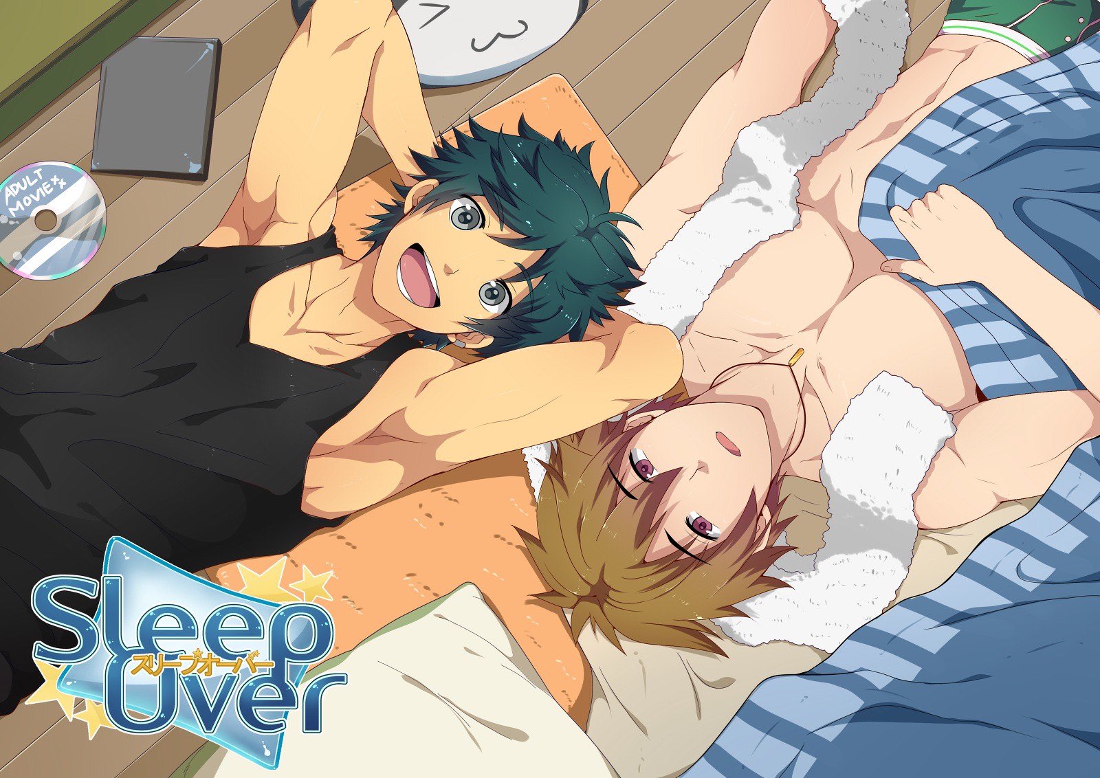 mikkoukun, kano haruyuki, sato hideaki, commentary, english commentary, highres, 2boys, armpits, arms behind head, black tank top, boxers, brown hair, collarbone, copyright logo, green hair, green male underwear, grey eyes, hair between eyes, jewelry, logo, looking at viewer, lying, male focus, male underwear, multiple boys, necklace, on back, on floor, open mouth, pectorals, purple eyes, short hair, sleepover (visual novel), smile, tank top, teeth, tongue, towel, towel around neck, underwear, upper body