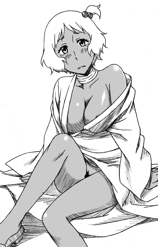sawa jaaji, ooba minato, hyakko, bad id, bad pixiv id, 00s, 1girl, areola slip, blush, breasts, cleavage, collar, dark-skinned female, dark skin, female focus, female pubic hair, greyscale, japanese clothes, kimono, large breasts, monochrome, no panties, pubic hair, sandals, short hair, side ponytail, simple background, solo, tears