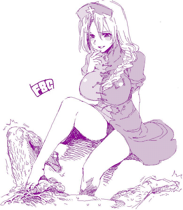 fbc, yagokoro eirin, touhou, 1girl, barefoot, black panties, braid, breasts, cleavage, cum, dithering, dress, ejaculation, feet, femdom, footjob, hand on own chin, hat, impossible clothes, impossible dress, large breasts, legs, monochrome, nurse cap, oekaki, panties, pantyshot, penis, purple theme, simple background, sitting, sketch, solo, thighs, uncensored, underwear, upskirt, white background