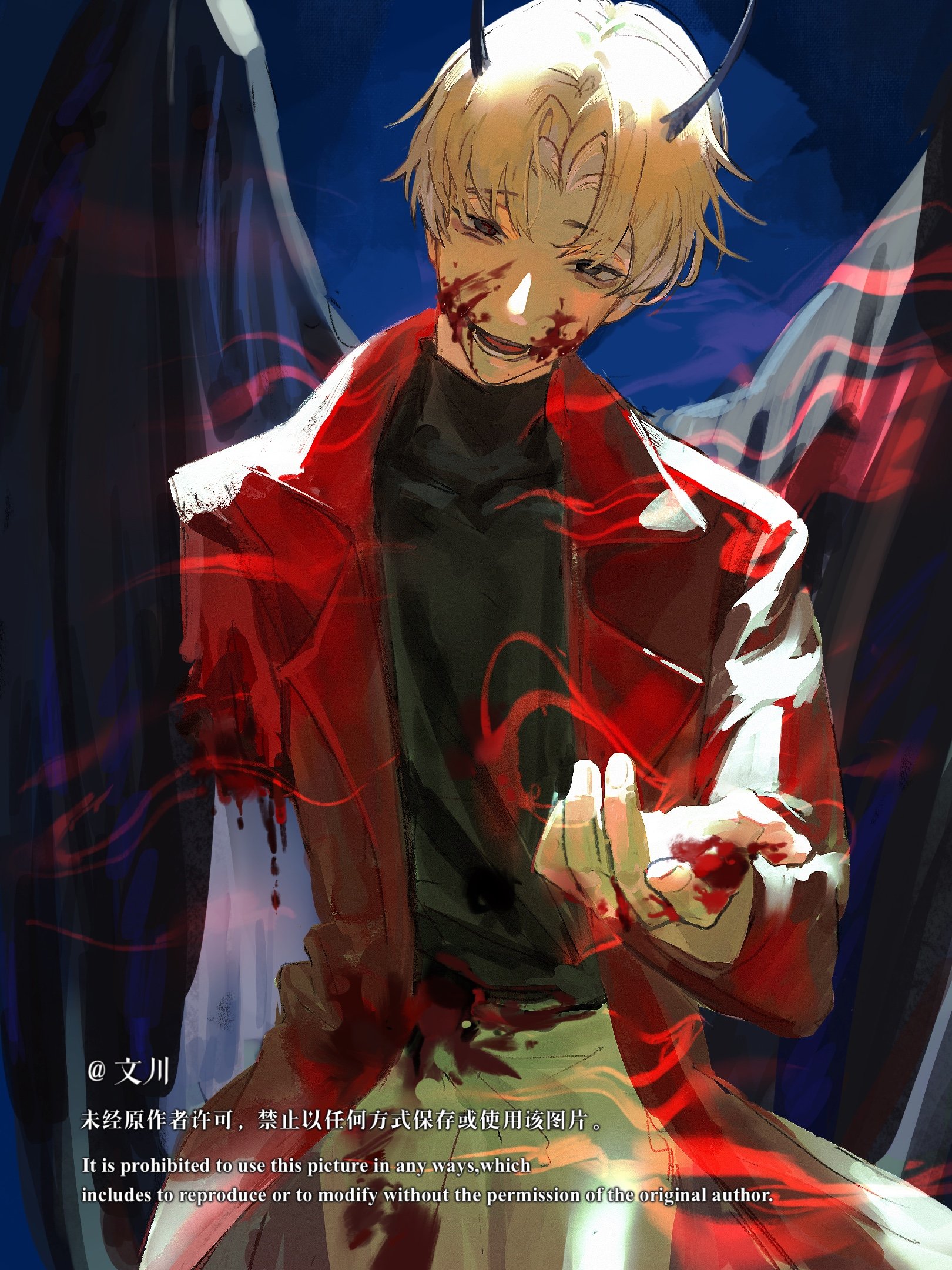 omniscient reader's viewpoint, commentary, english commentary, highres, 1boy, :d, aegyo sal, black eyes, black shirt, black wings, bleeding, blonde hair, blood, blood on clothes, blood on face, blood on hands, cheon inho, coat, cowboy shot, curtained hair, feathered wings, half-closed eyes, head tilt, looking at viewer, magic, male focus, nicayuko, open clothes, open coat, open mouth, popped collar, red coat, severed arm, severed limb, shirt, short hair, smile, solo, wings