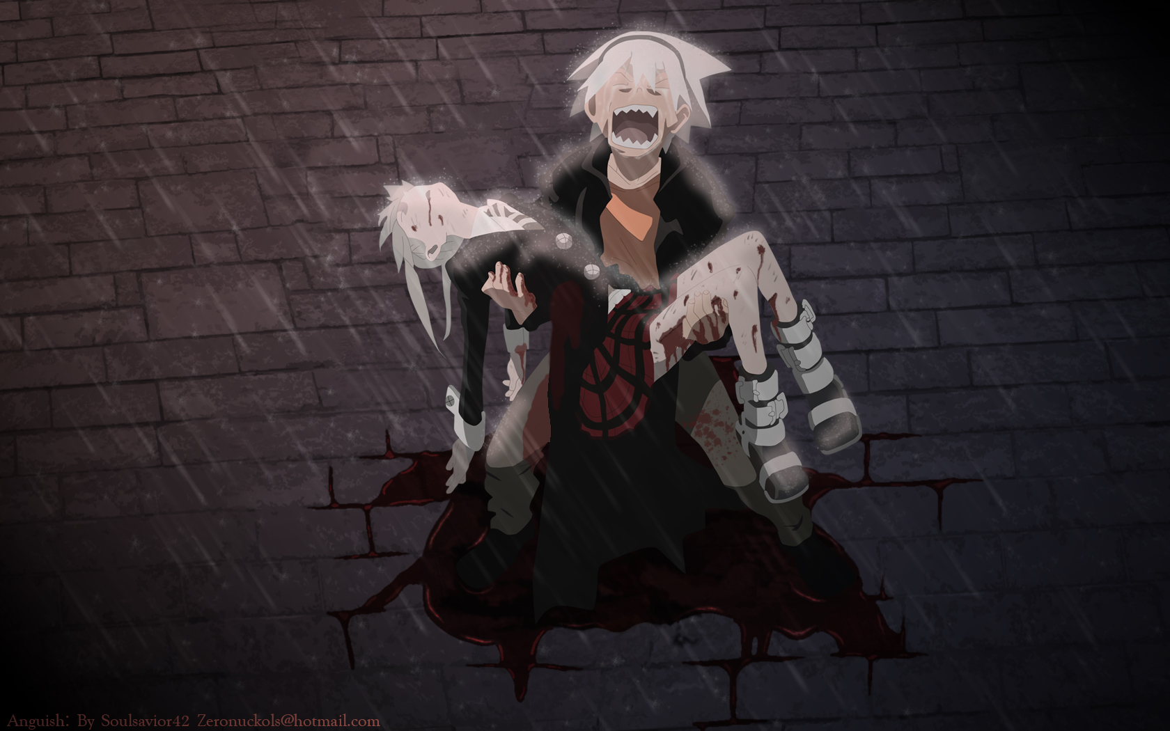 maka albarn, soul evans, soul eater, highres, 00s, 1boy, 1girl, blood, grey hair, rain, skirt