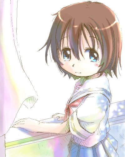 hiyoko touna, hitotsubashi yurie, kamichu!, lowres, 00s, 1girl, blue skirt, brown hair, female focus, hair between eyes, light smile, looking back, oekaki, pleated skirt, sailor collar, shirt, short hair, short sleeves, skirt, smile, solo, upper body, window