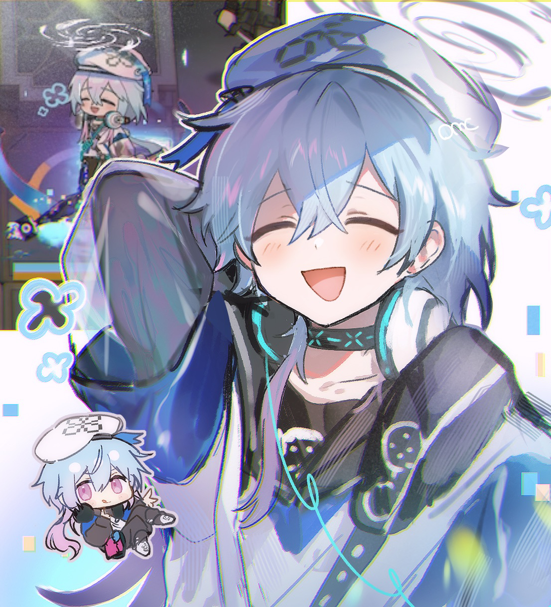 infection monitor (arknights), mizuki (a player forever) (arknights), mizuki (arknights), arknights, highres, 1boy, :q, androgynous, arm behind head, beret, blue hair, chibi, closed eyes, colored tips, crossed bangs, gradient hair, hat, headphones, headphones around neck, hood, hood down, light blush, male focus, multicolored hair, n xo q, portrait, purple eyes, see-through clothes, see-through sleeves, solo, striped blush, tongue, tongue out