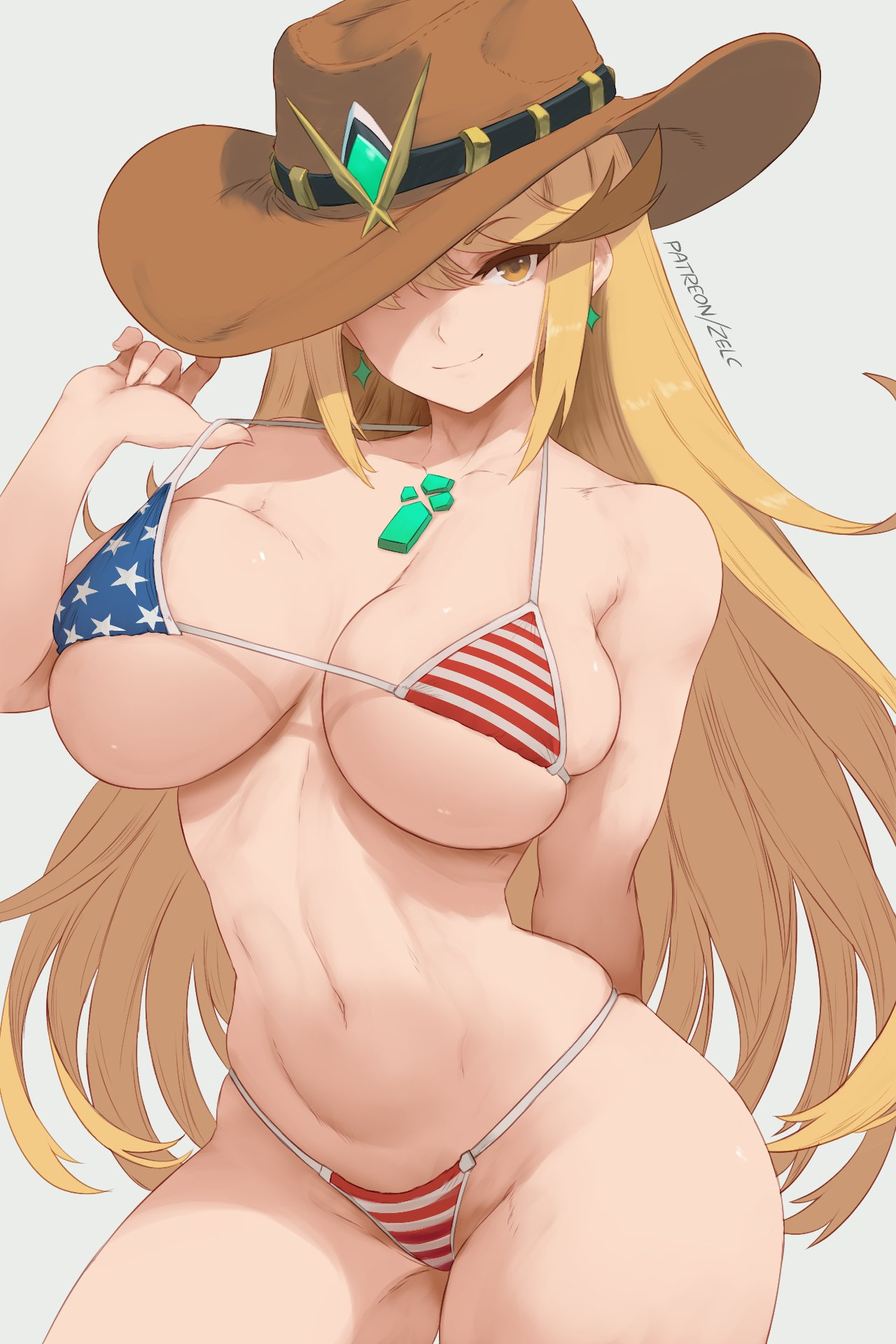 zelc-face, mythra (xenoblade), xenoblade chronicles (series), xenoblade chronicles 2, commentary, highres, 1girl, alternate costume, american flag, american flag bikini, american flag print, arm behind back, artist name, bikini, bikini top pull, blonde hair, breasts, brown hat, chest jewel, closed mouth, cowboy hat, flag print, flag print bikini, hat, large breasts, long hair, looking at viewer, navel, one eye covered, print bikini, pulling own clothes, skindentation, smile, solo, star (symbol), stomach, swept bangs, swimsuit, yellow eyes