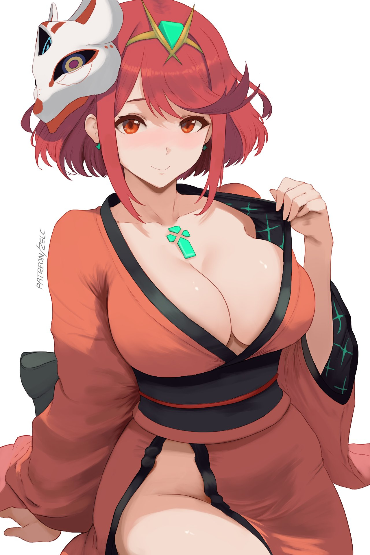 zelc-face, pyra (xenoblade), xenoblade chronicles (series), xenoblade chronicles 2, commentary, english commentary, highres, 1girl, alternate costume, breasts, chest jewel, cleavage, closed mouth, fox mask, headpiece, japanese clothes, kimono, large breasts, looking at viewer, mask, mask on head, red eyes, red hair, red kimono, simple background, sitting, smile, solo, swept bangs, thighs, white background