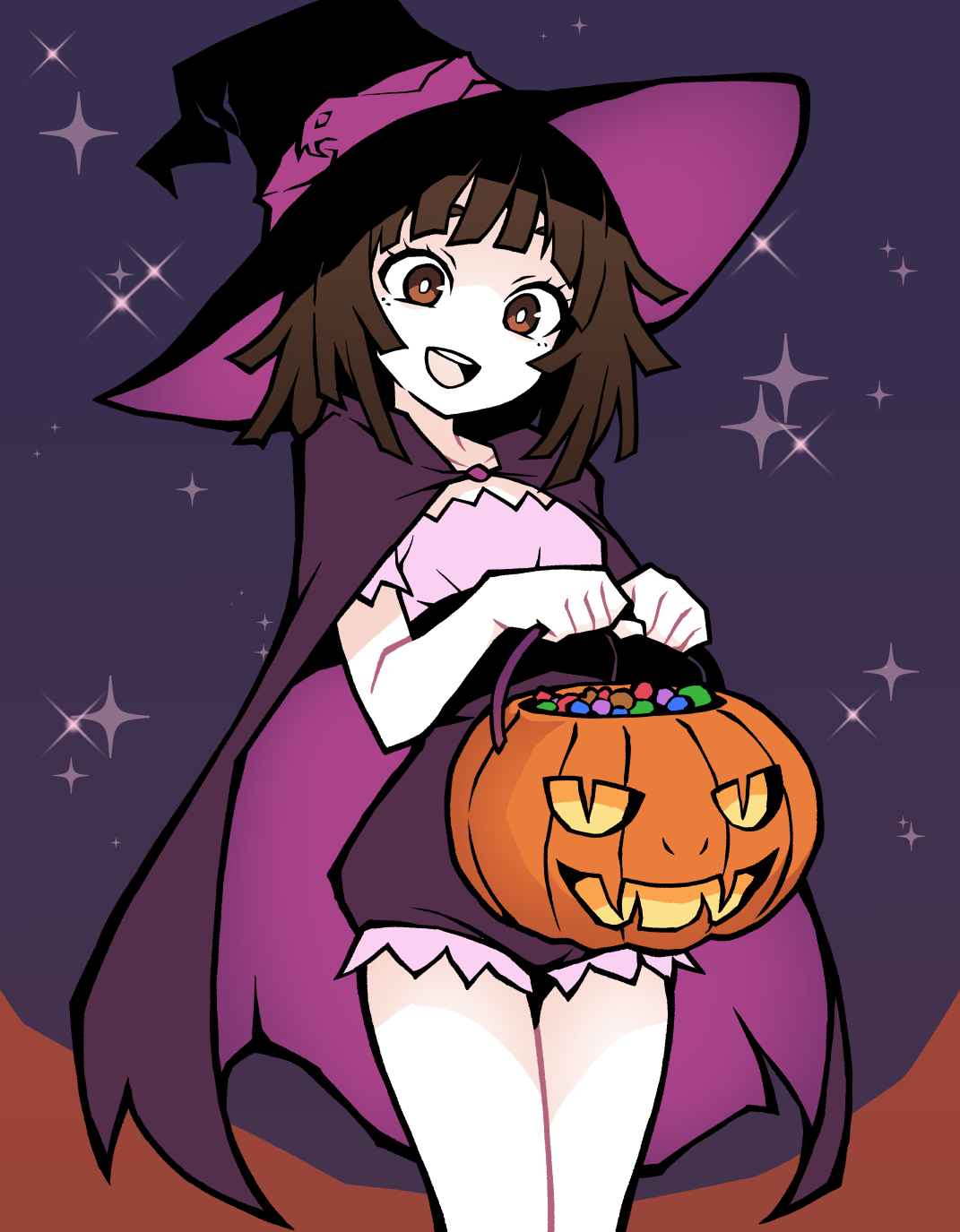 akableak, sengoku nadeko, monogatari (series), highres, 1girl, :d, breasts, brown eyes, brown hair, cape, cloak, cowboy shot, halloween, halloween bucket, hat, holding, open mouth, purple cloak, purple shorts, short hair, shorts, small breasts, smile, solo, teeth, upper teeth only, witch hat