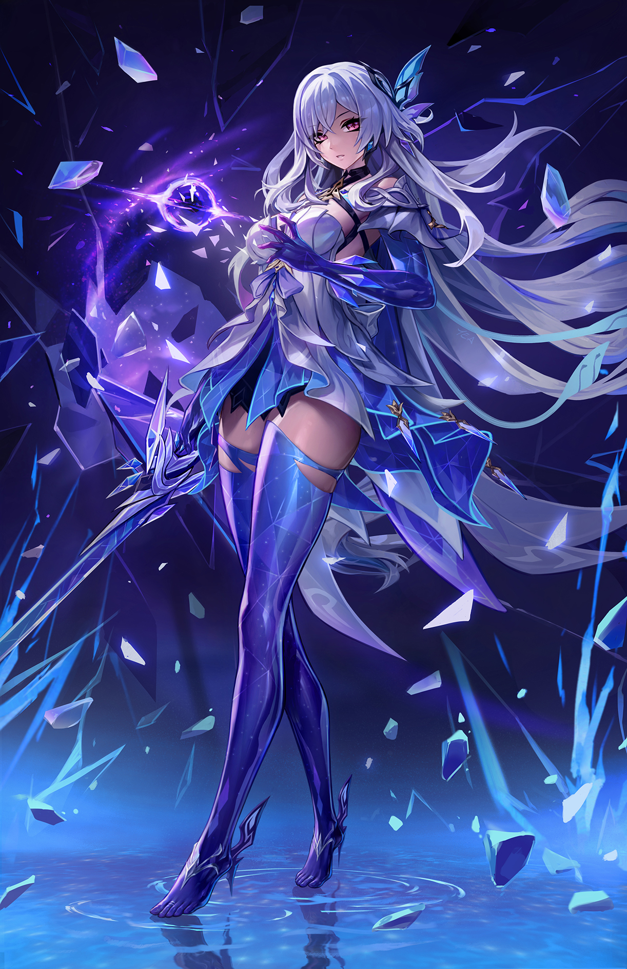 imdrunkontea, skirk (genshin impact), genshin impact, commentary, english commentary, highres, revision, 1girl, breasts, dress, full body, grey hair, hair between eyes, hair ornament, hand up, large breasts, long hair, looking at viewer, parted lips, prosthesis, prosthetic arm, prosthetic leg, red eyes, ripples, solo, standing, very long hair, water