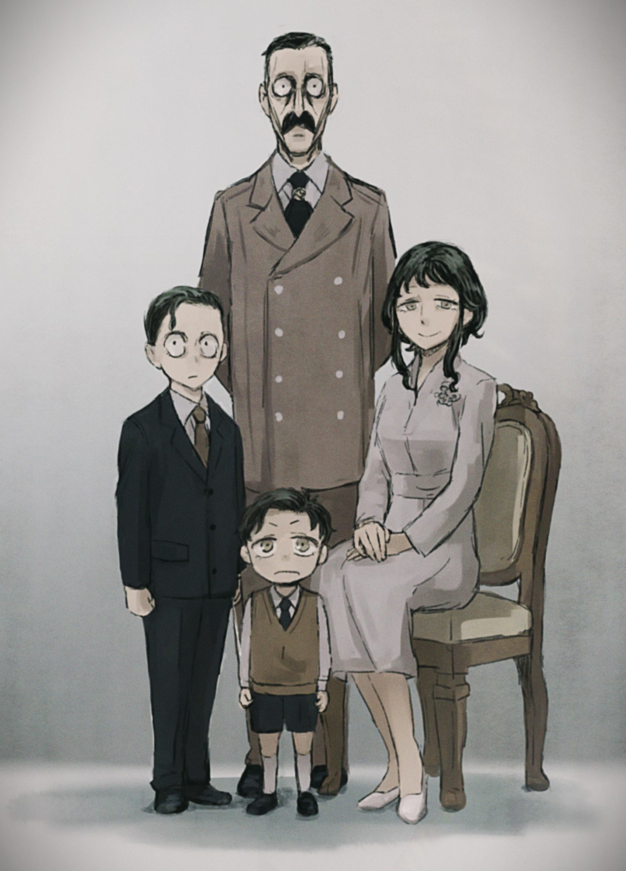 damian desmond, demetrius desmond, donovan desmond, melinda desmond, spy x family, highres, 1girl, 3boys, black jacket, black necktie, black pants, black shoes, black suit, breasts, brothers, buttons, chair, closed mouth, collared shirt, double-breasted, dress, facial hair, family, father and son, formal clothes, frown, full body, grey background, grey dress, grey eyes, grey jacket, grey necktie, jacket, long dress, m agic hour, medium breasts, medium hair, mother and son, multiple boys, mustache, necktie, no eyebrows, own hands together, pants, parent and child, portrait, shirt, shoes, short hair, siblings, sidelocks, sitting, smile, socks, standing, suit, white shirt, white shoes, white socks, wide-eyed