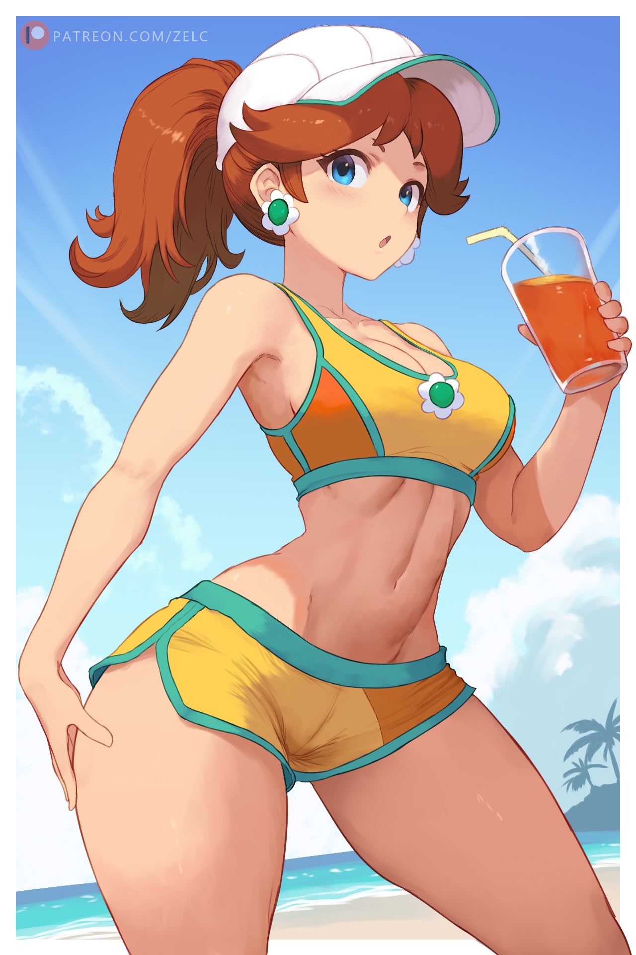 zelc-face, princess daisy, princess daisy (swimwear) (mario kart world), mario (series), mario kart, mario kart world, nintendo, commentary, english commentary, highres, 1girl, aqua trim, beach, blue eyes, blue sky, breasts, brown hair, cleavage, cloud, crop top, cup, day, drink, drinking straw, flower, hat, holding, holding cup, looking at viewer, medium breasts, midriff, navel, ocean, open mouth, orange shorts, outdoors, patreon logo, patreon username, ponytail, short hair, shorts, sky, solo, summer, white hat