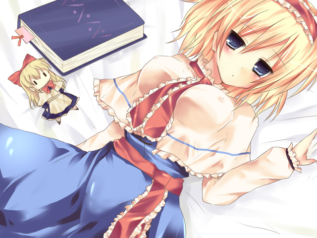 hane riu, alice margatroid, shanghai doll, touhou, bad id, bad pixiv id, 1girl, blonde hair, blue eyes, book, breasts, covered erect nipples, female focus, impossible clothes, impossible shirt, large breasts, lying, nipples, shirt, short hair, skirt, solo
