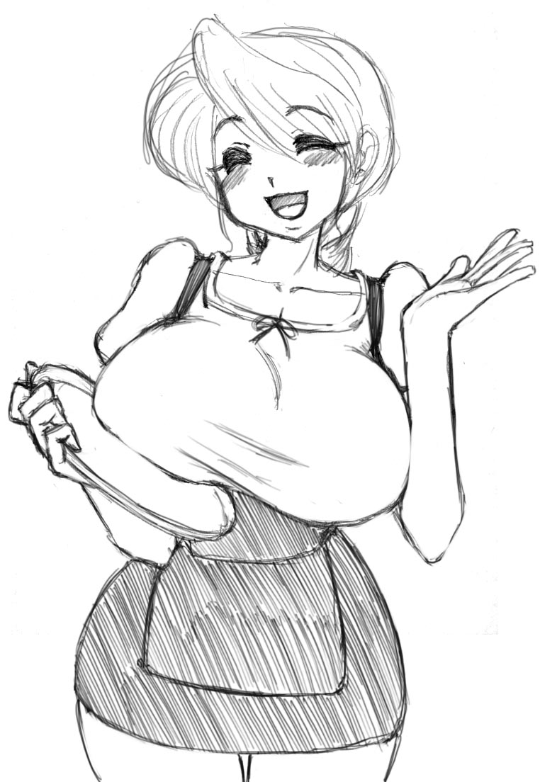 mashitaka, bad id, bad pixiv id, blush, braid, breasts, greyscale, huge breasts, long hair, mature female, monochrome, sketch, smile, solo, waitress